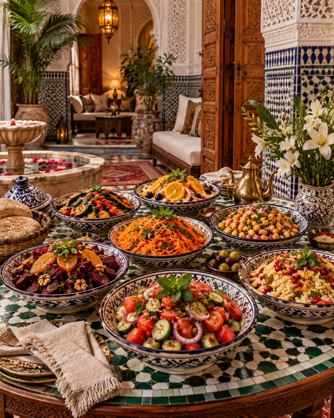 Several Moroccan salad bowls arranged separately on a riad table