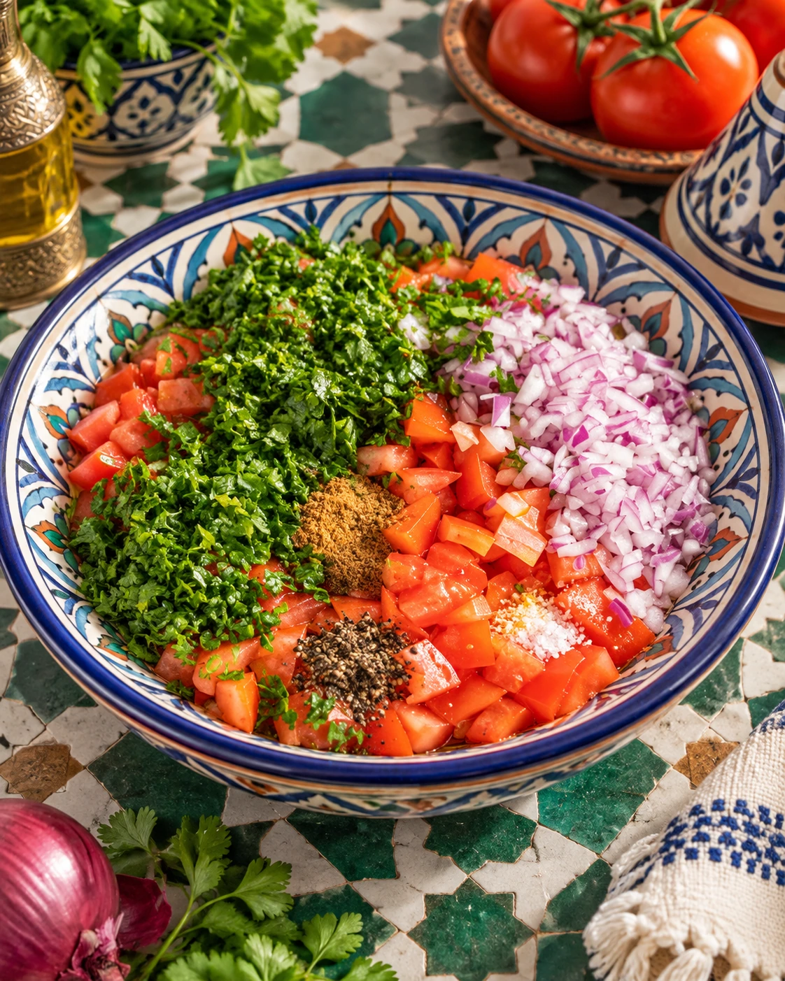 Chopped tomatoes, red onion, herbs and spices arranged before mixing a Moroccan salad
