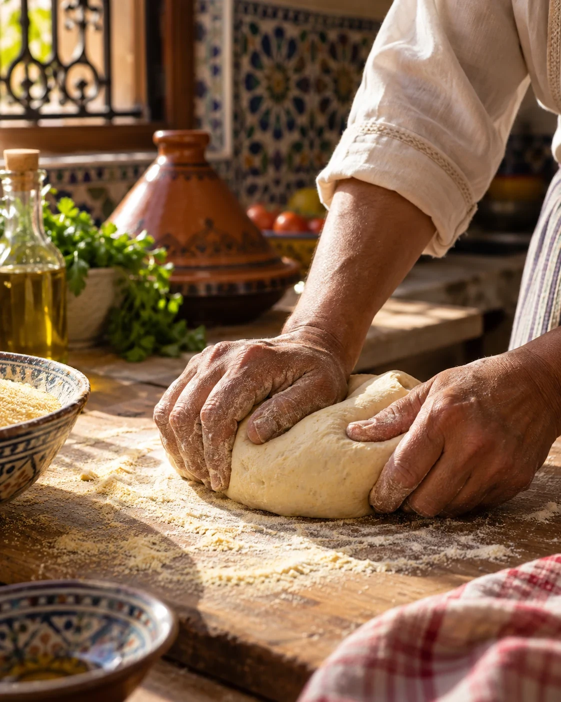 Hands kneading elastic dough in a Moroccan kitchen