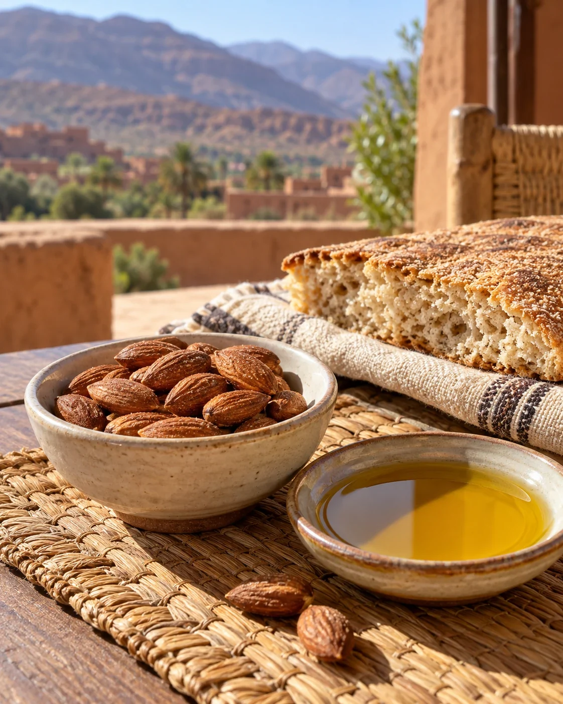 Roasted almonds and culinary argan oil beside bread