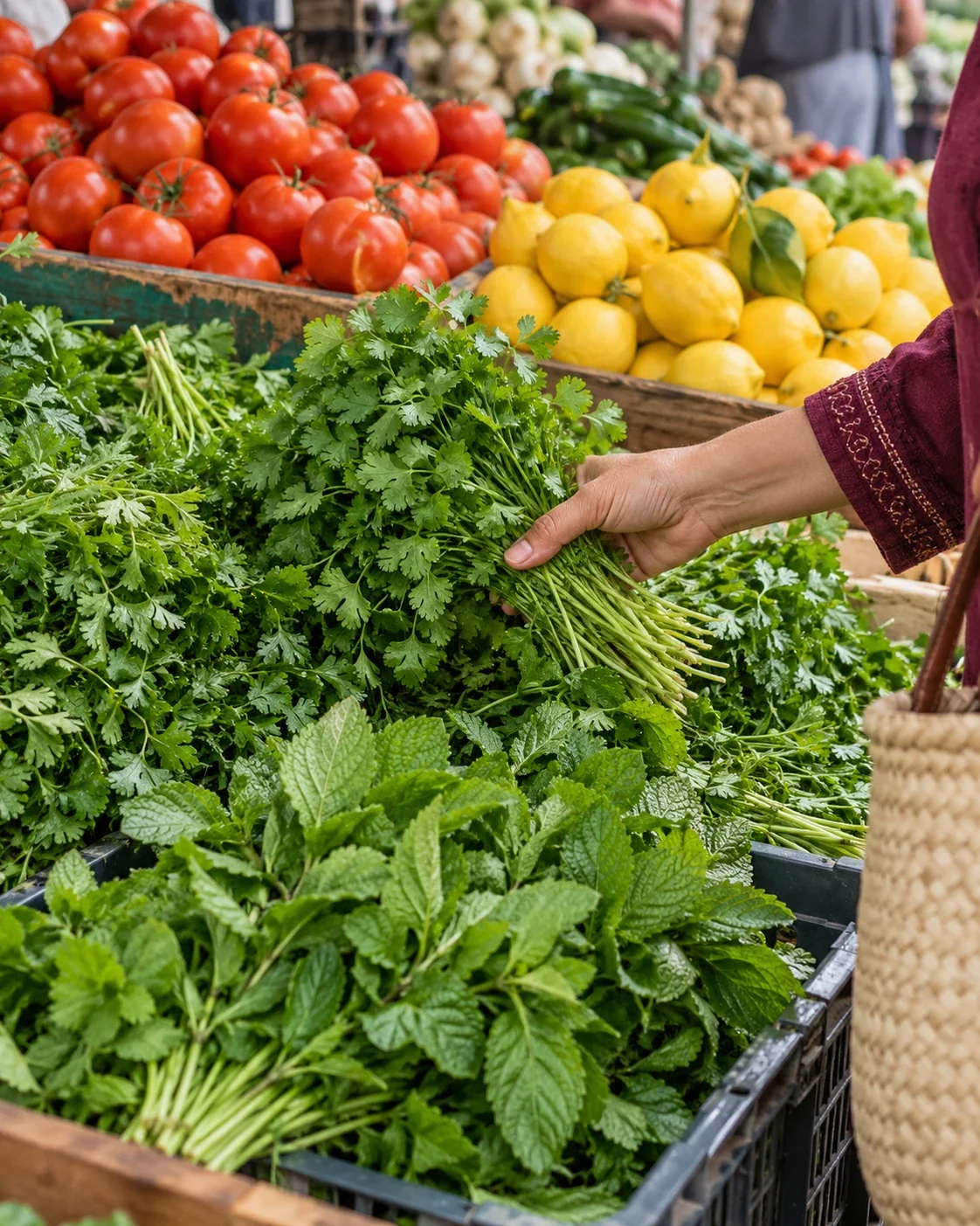 A shopper selects fresh coriander beside mint, tomatoes and lemons at a produce stall