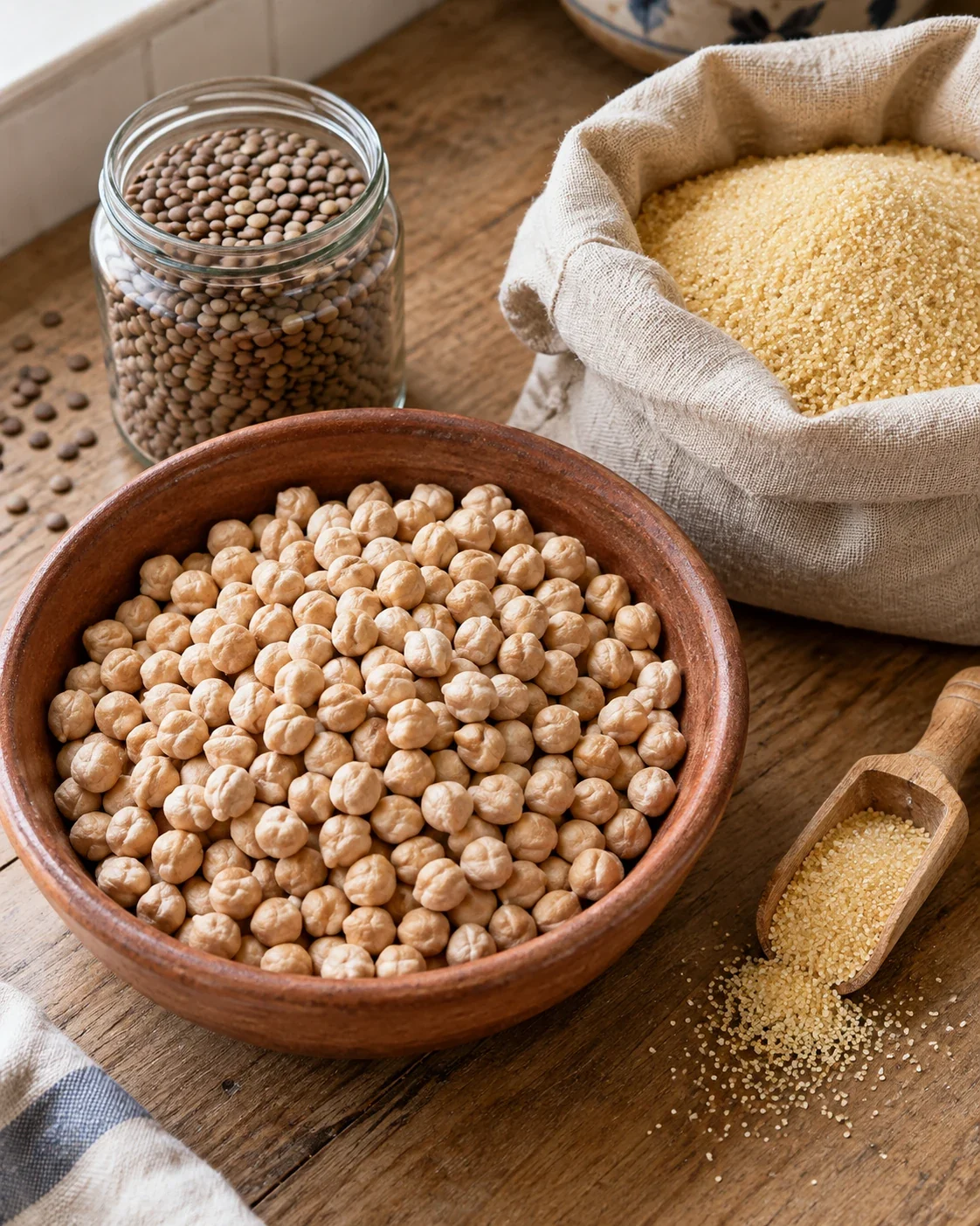 Dry chickpeas, lentils and coarse semolina kept separately on a kitchen worktop