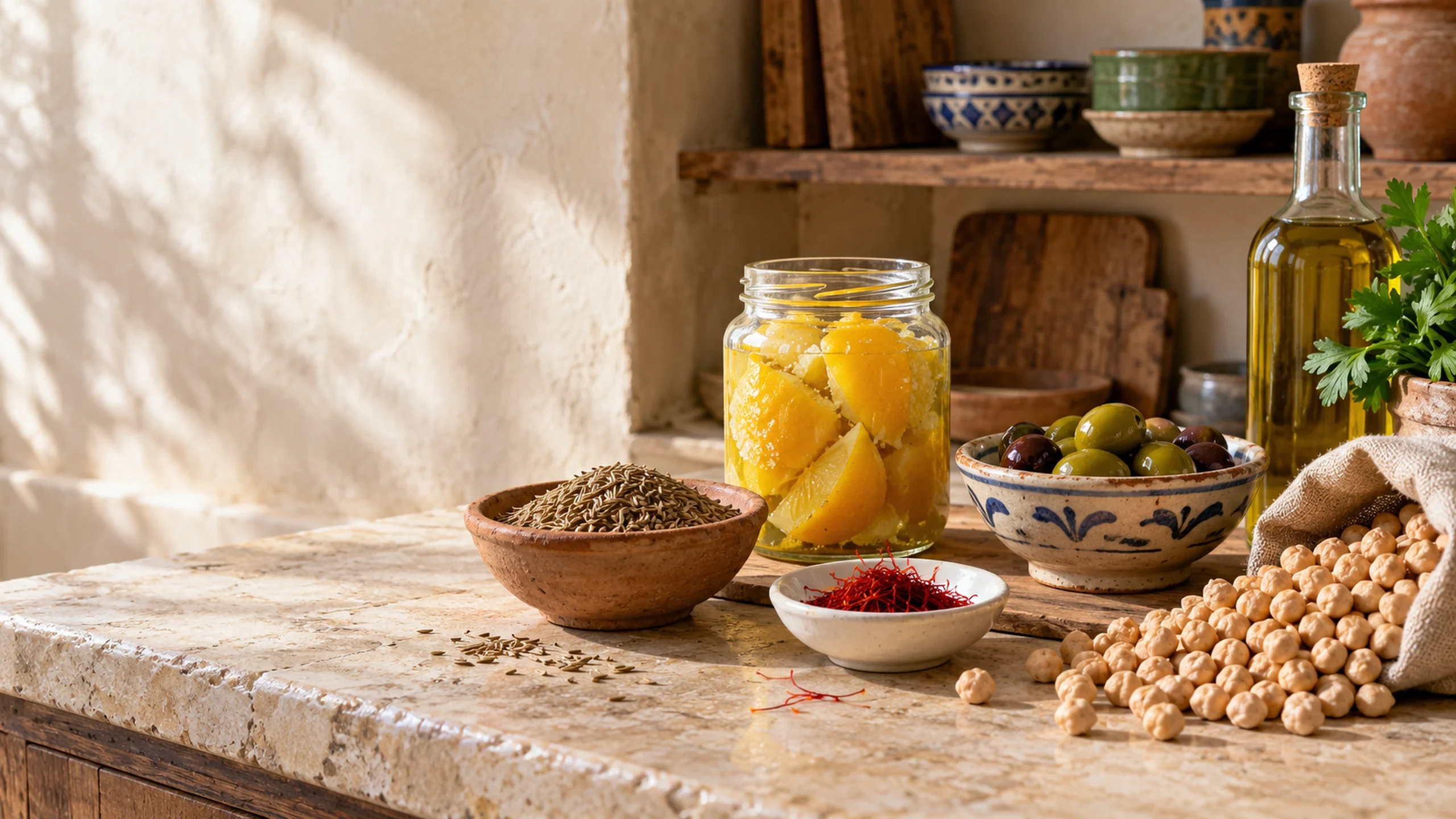 Cumin, saffron, preserved lemons, olives and chickpeas in a bright Moroccan kitchen