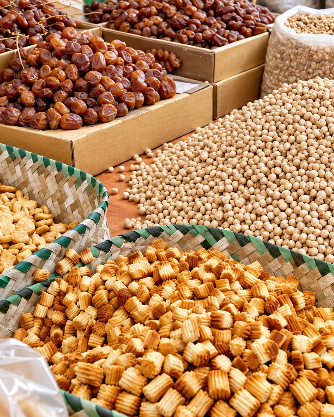 Market baskets of pulses and dates
