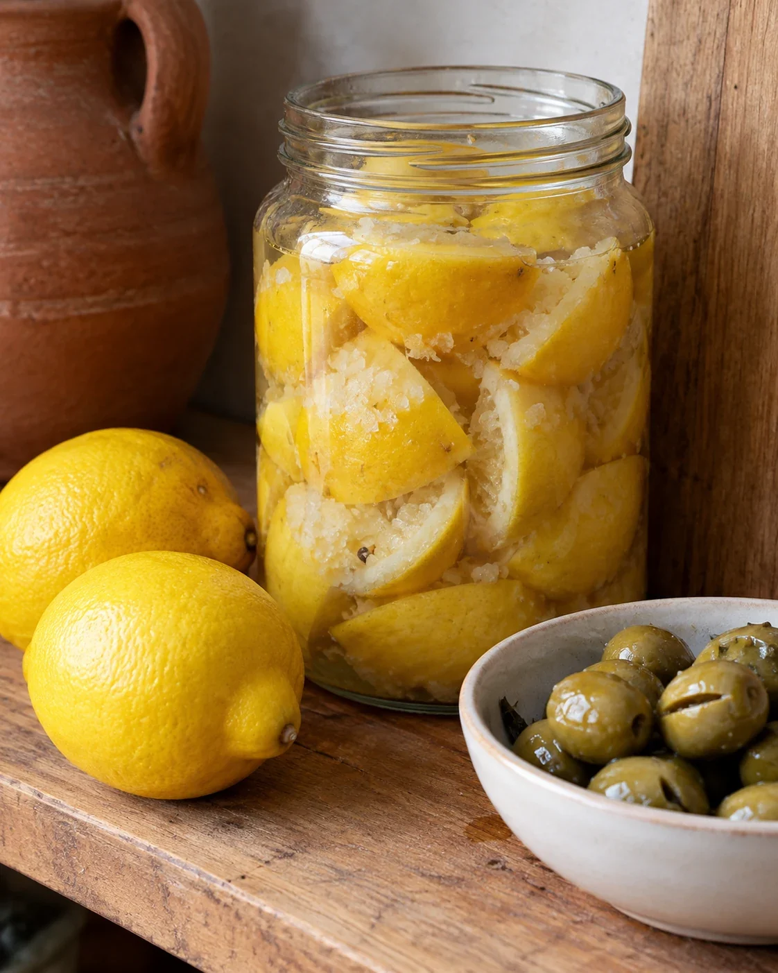Salt-preserved lemons in a glass jar beside fresh lemons and olives