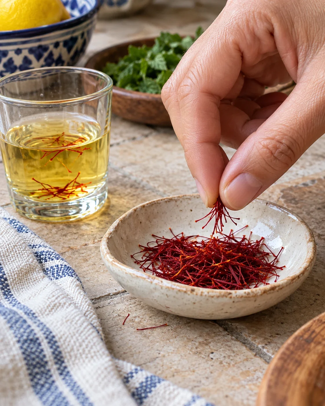 A hand lifts a few saffron threads from a ceramic dish
