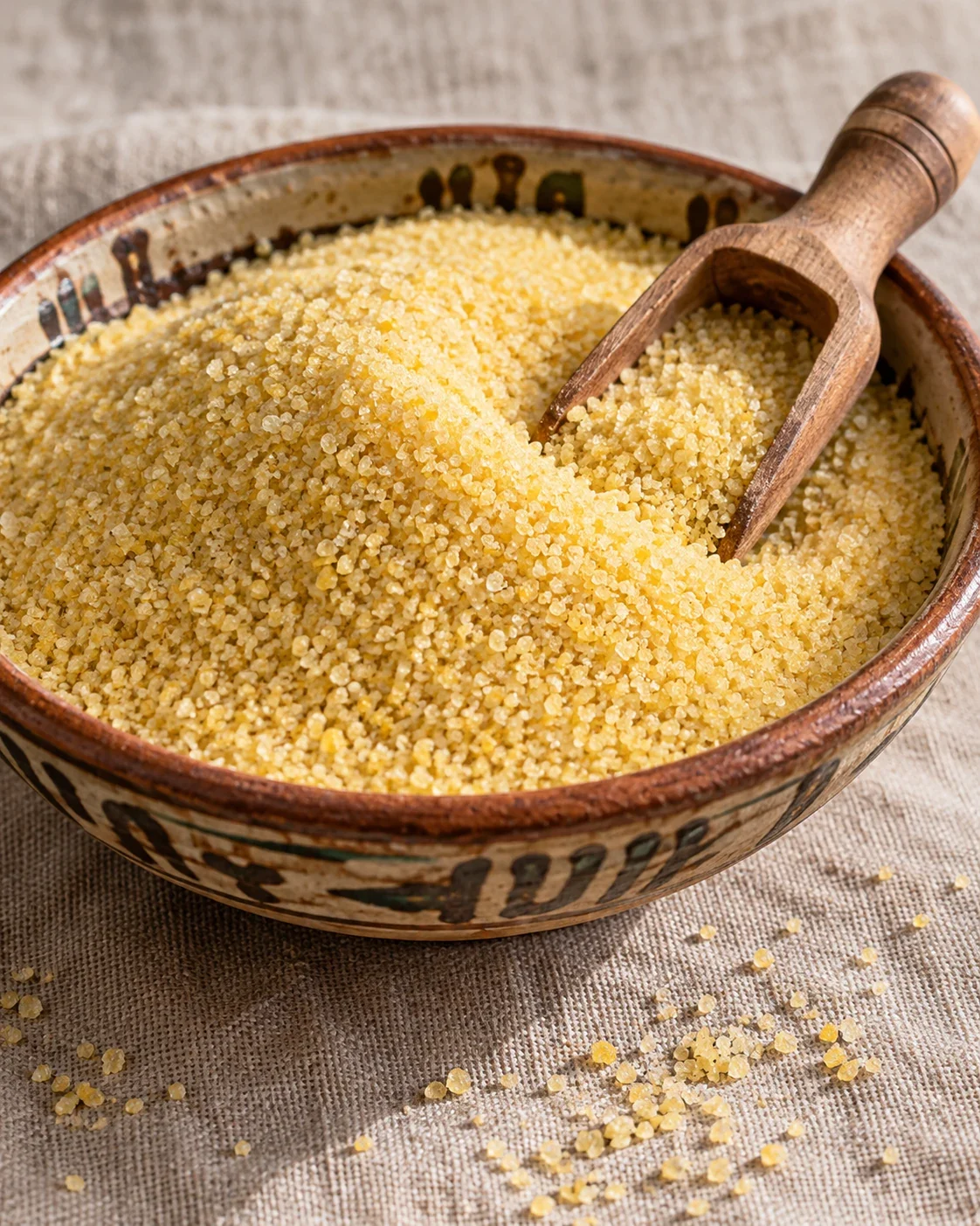 Coarse golden semolina with a wooden scoop