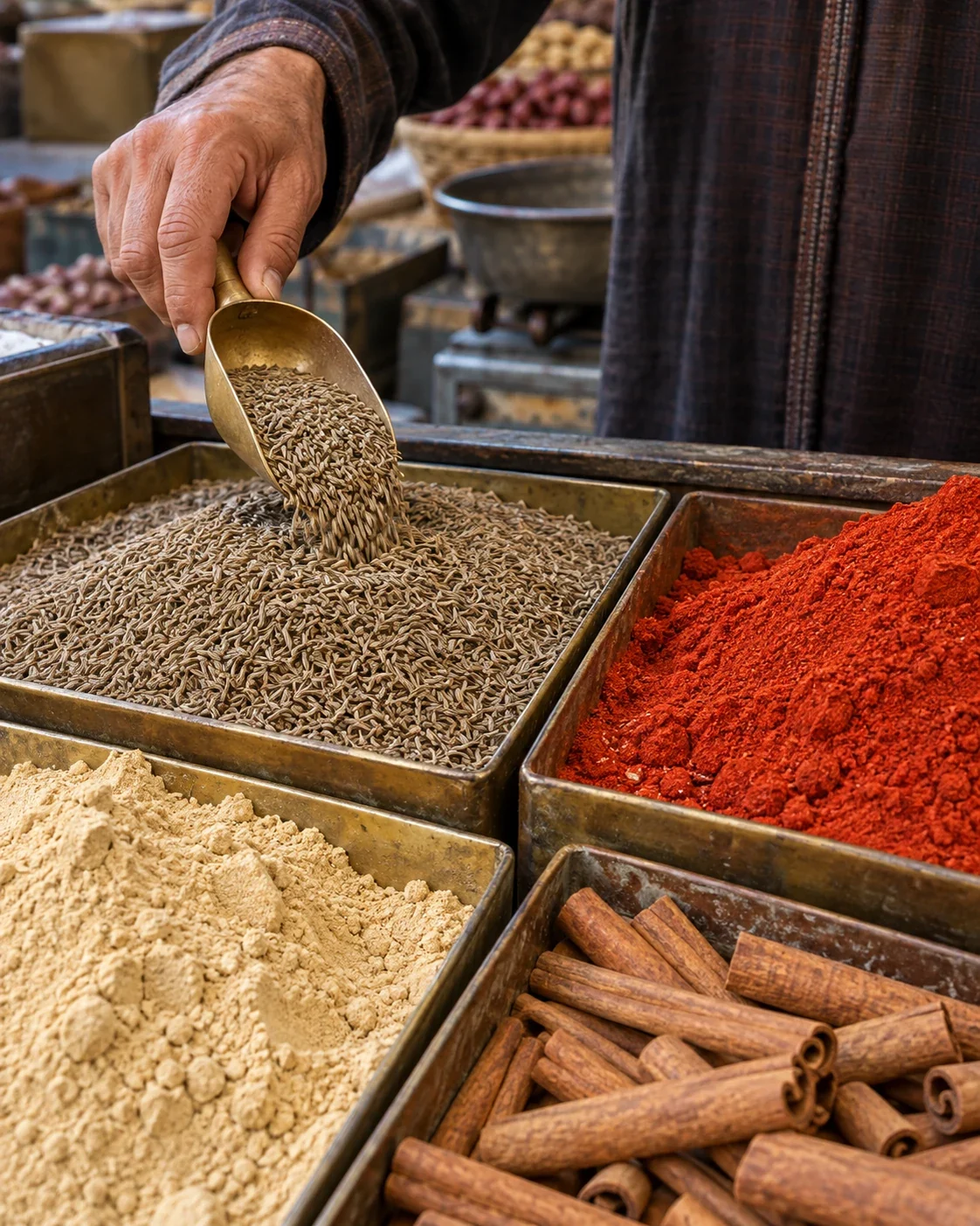 A spice seller measures cumin beside paprika, ginger and cinnamon