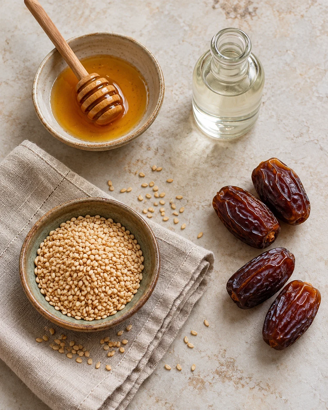 Honey, orange blossom water, sesame and dates set out separately