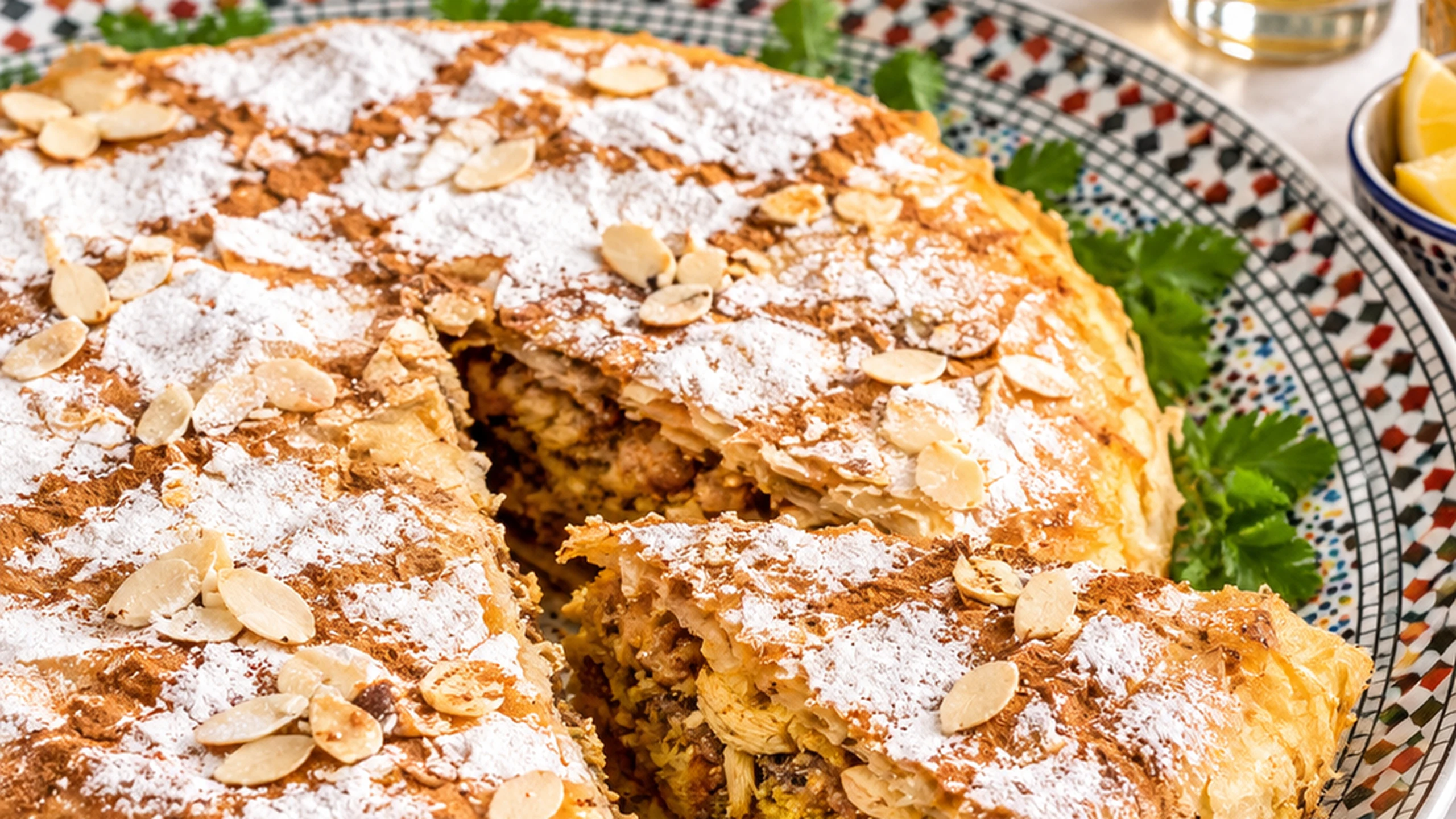 Pastilla with crisp pastry, almonds, cinnamon and sugar on a Moroccan patterned platter with mint tea.