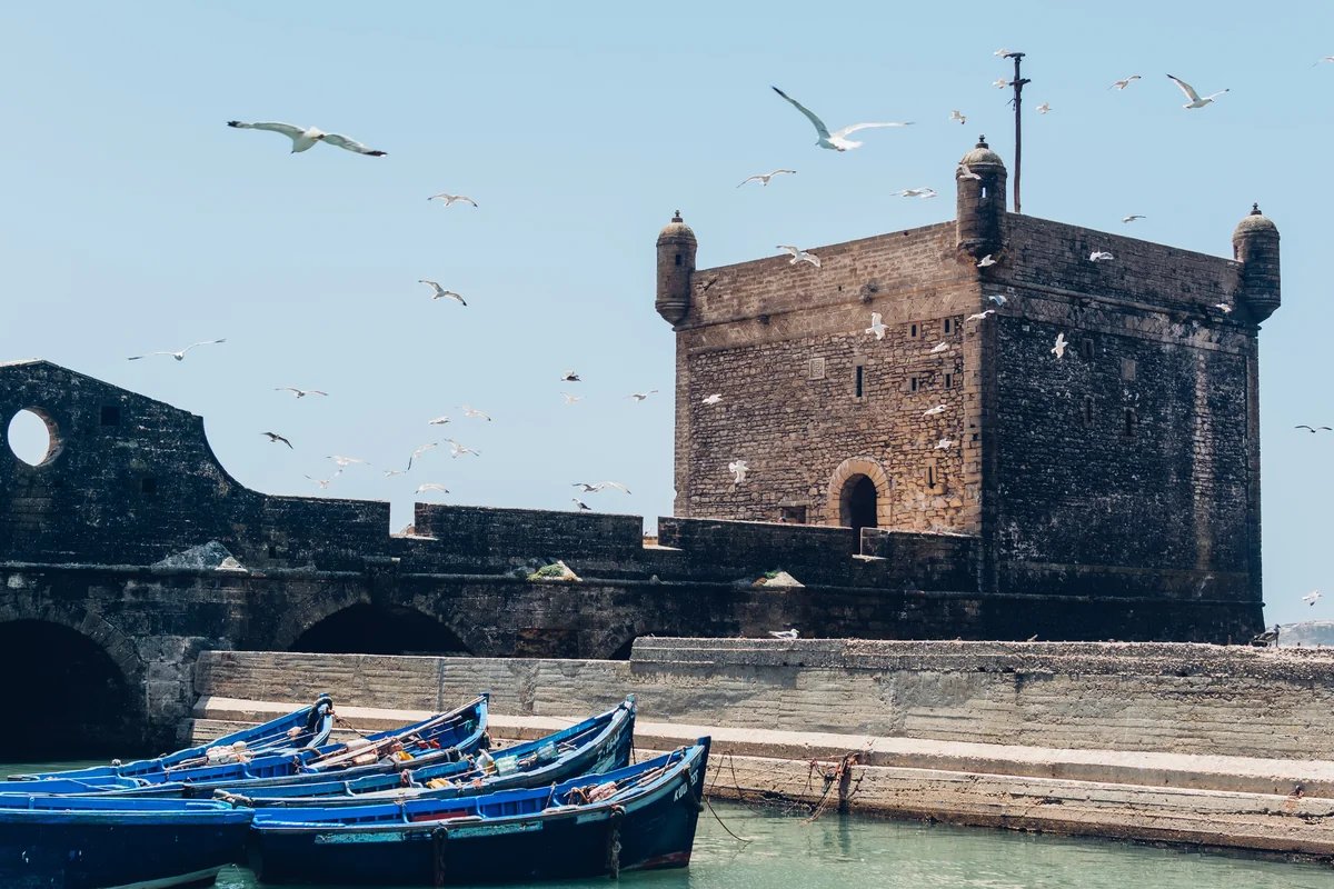 Blue boats beneath Essaouira's stone harbour tower