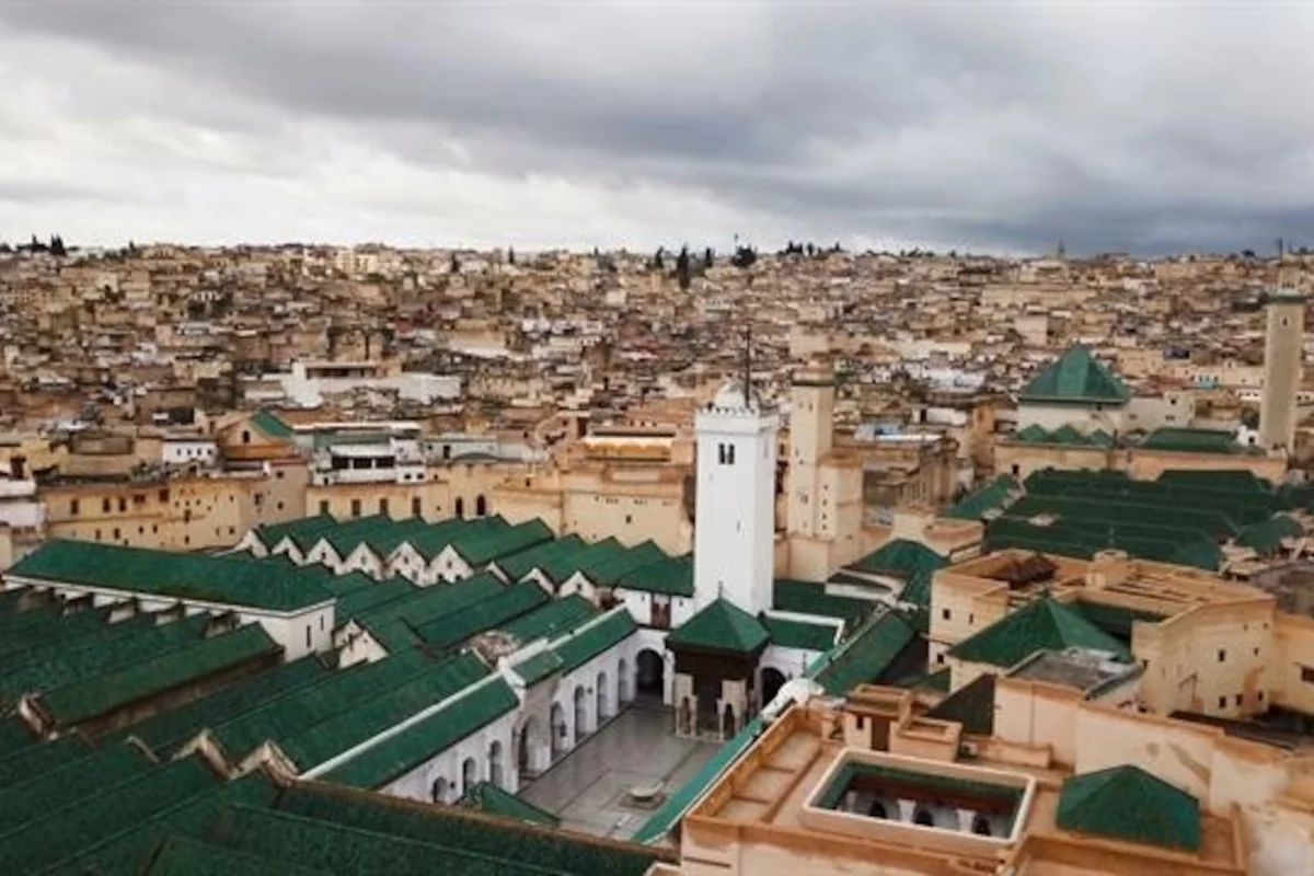The rooftops, minarets and green-tiled roofs of the Fès medina