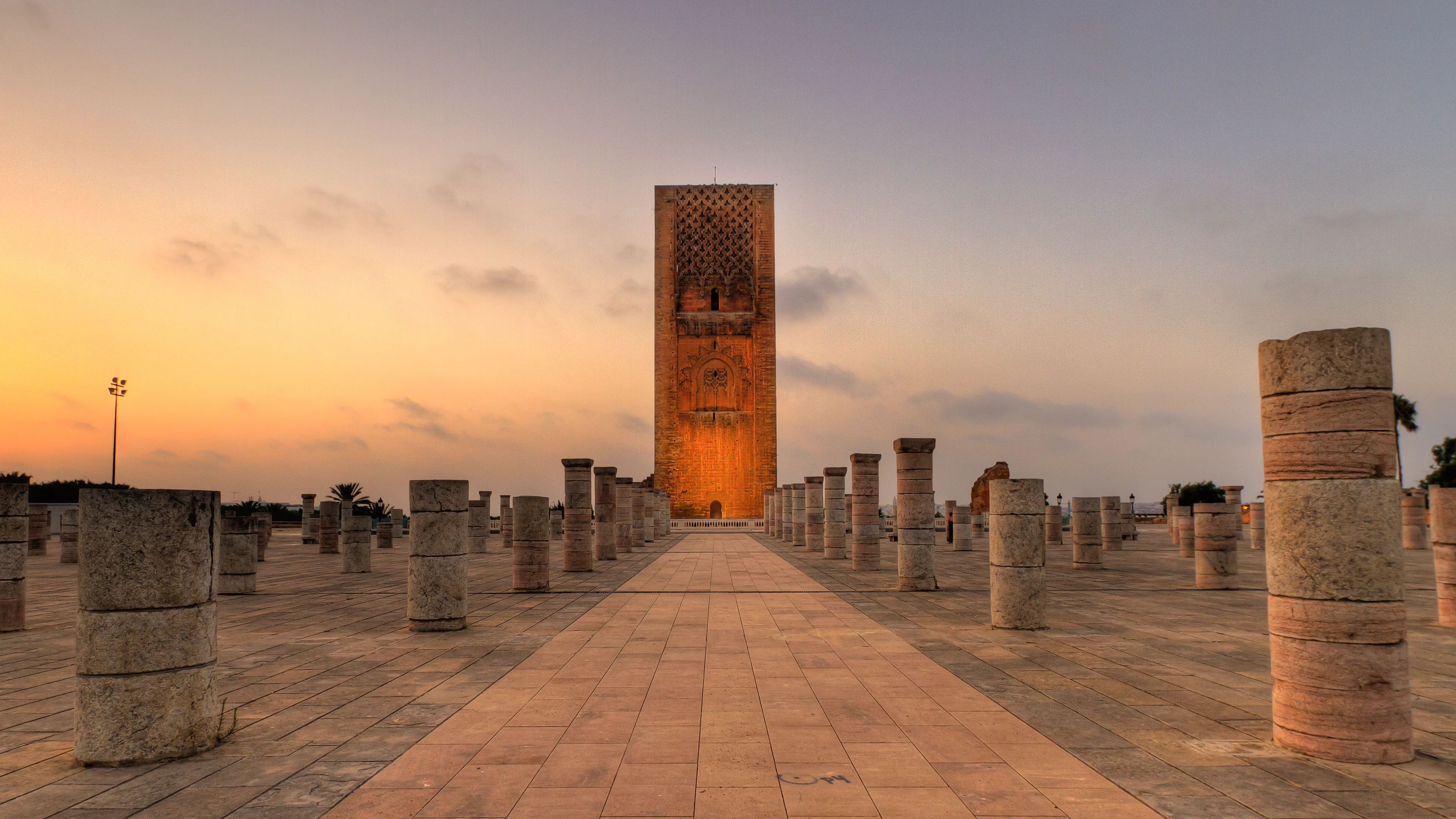 Hassan Tower and the historic columns at sunset in Rabat