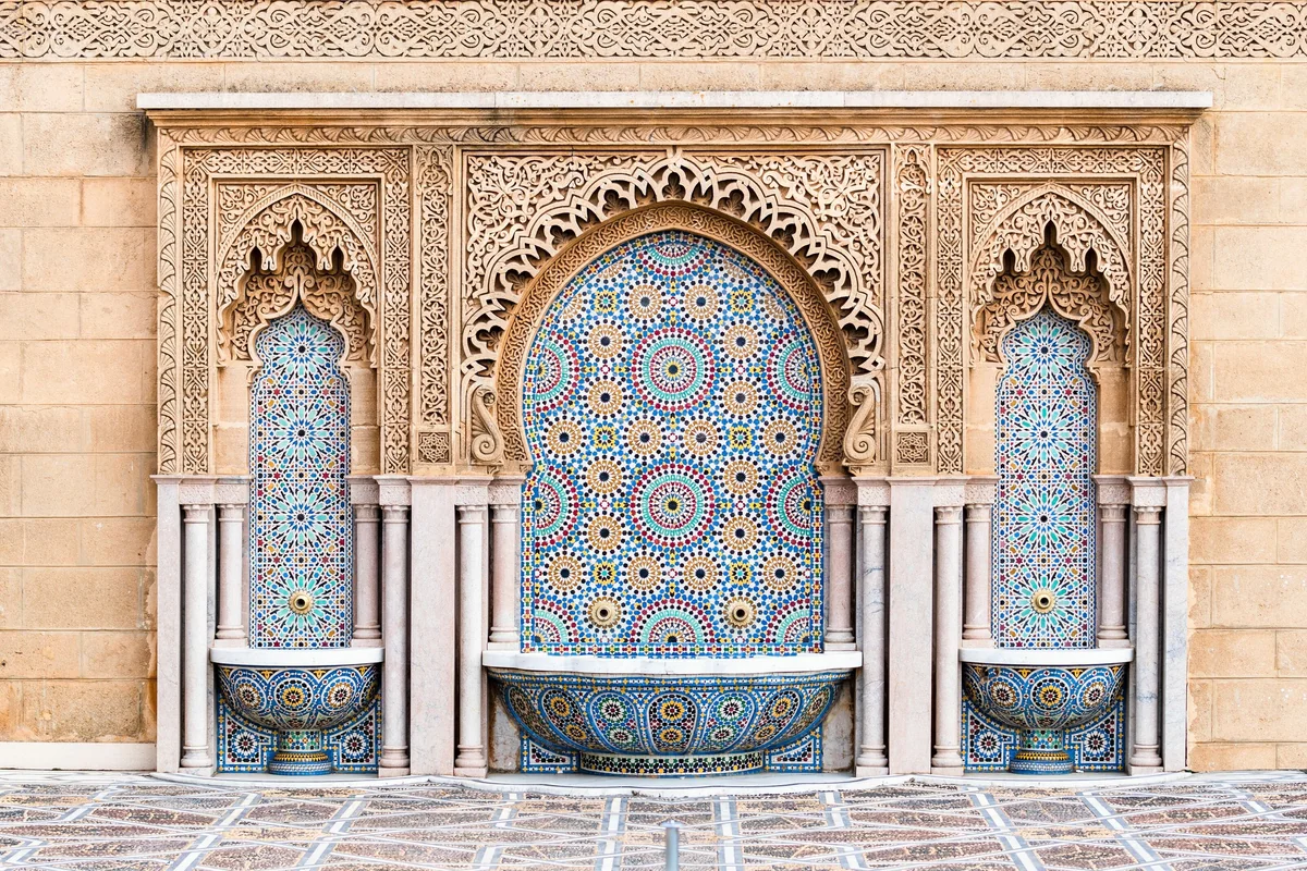 A decorated fountain with blue geometric tiles in Rabat