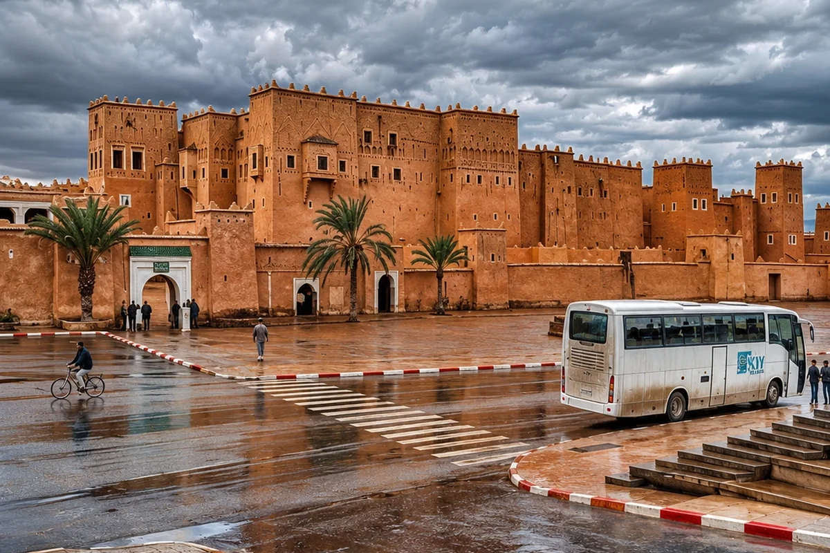 Taourirt Kasbah in Ouarzazate under dramatic storm clouds after rain