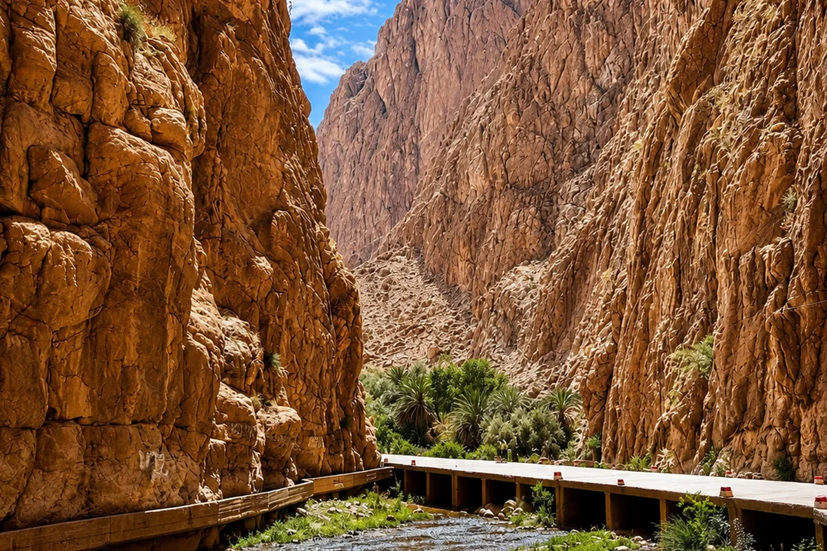 Todgha Gorge cliffs, riverbed and curving roadside barrier near Tinghir
