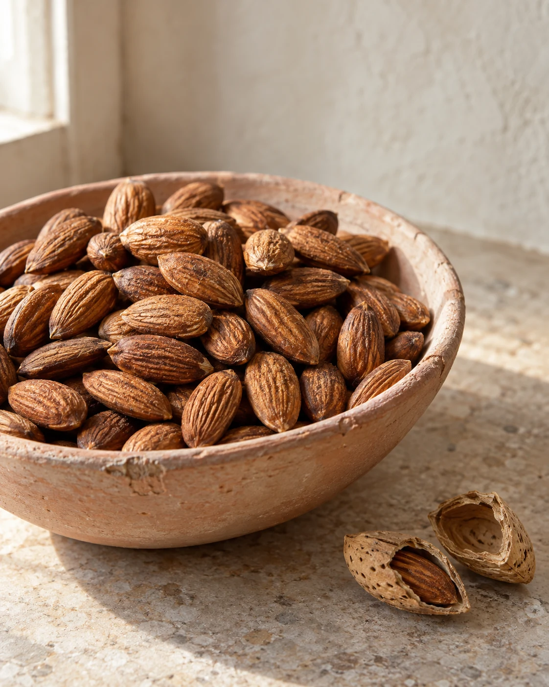 Toasted almonds in a terracotta bowl