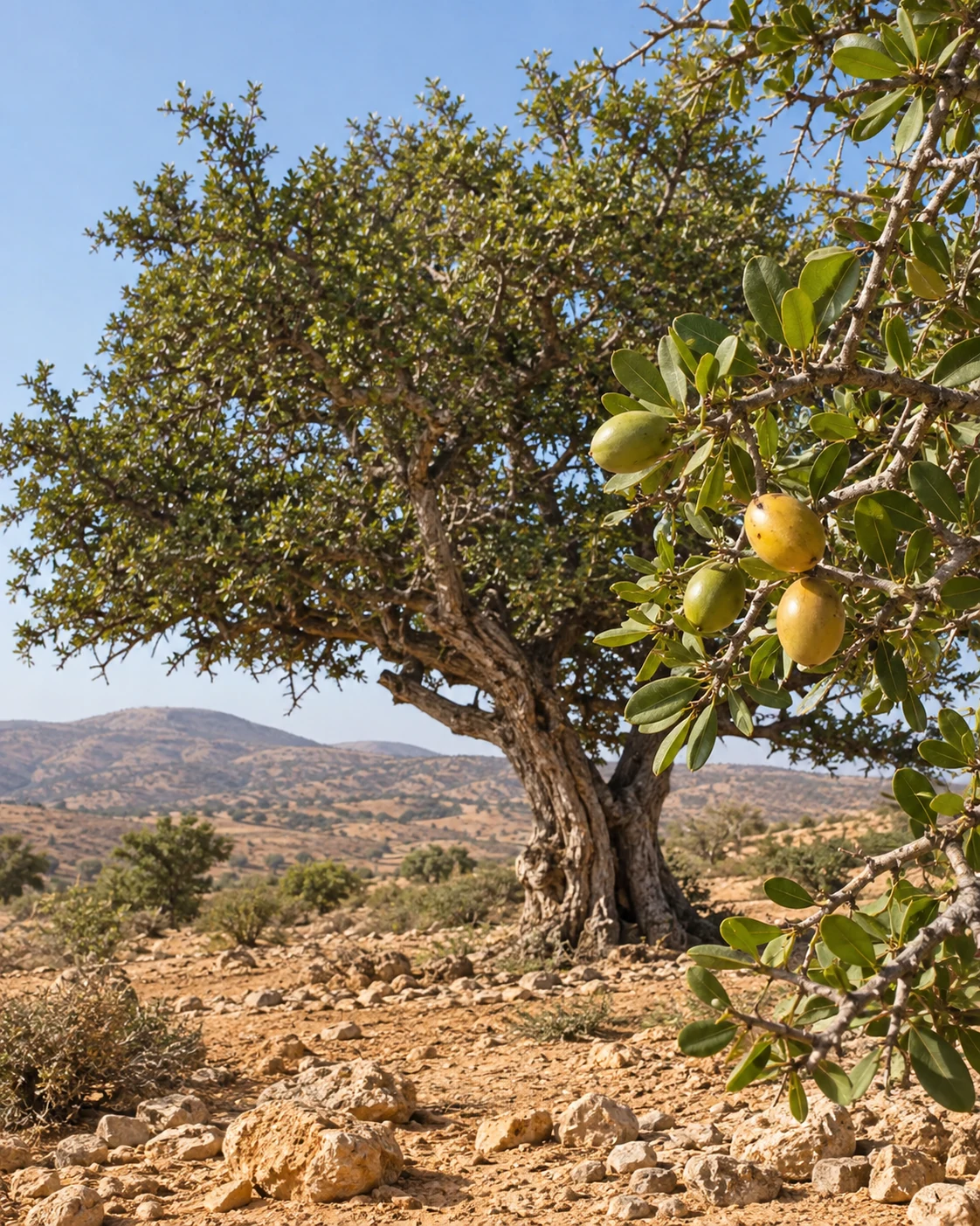 An argan tree in a dry southwestern Moroccan landscape