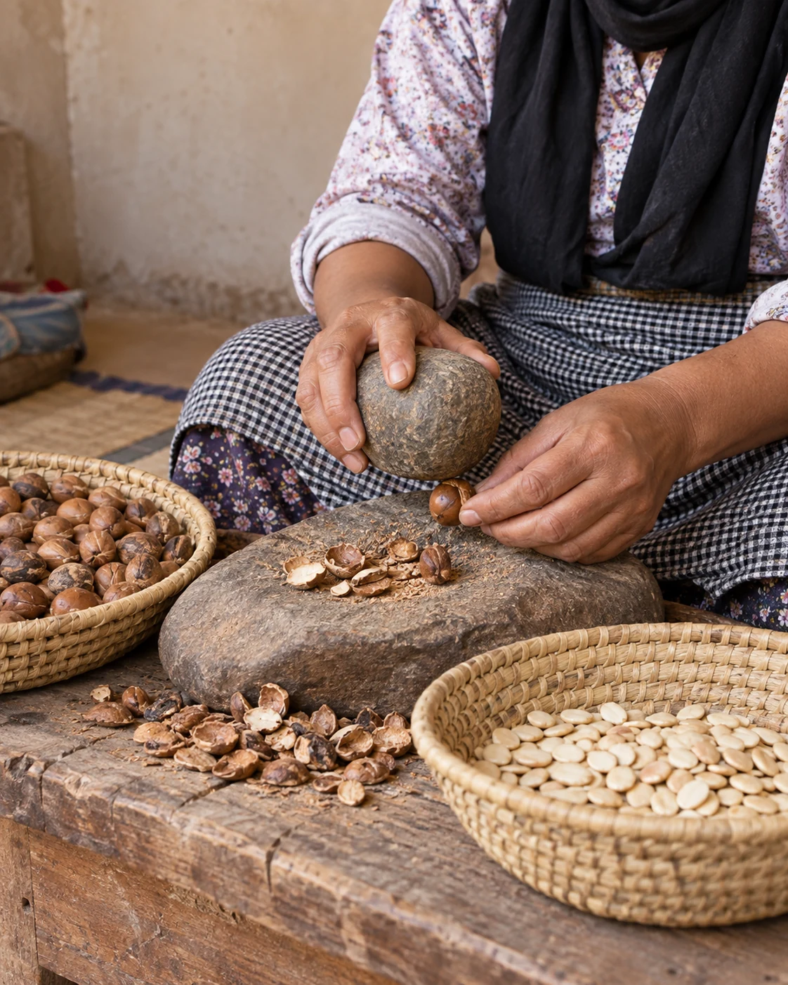 Hands cracking hard argan nuts to release their kernels