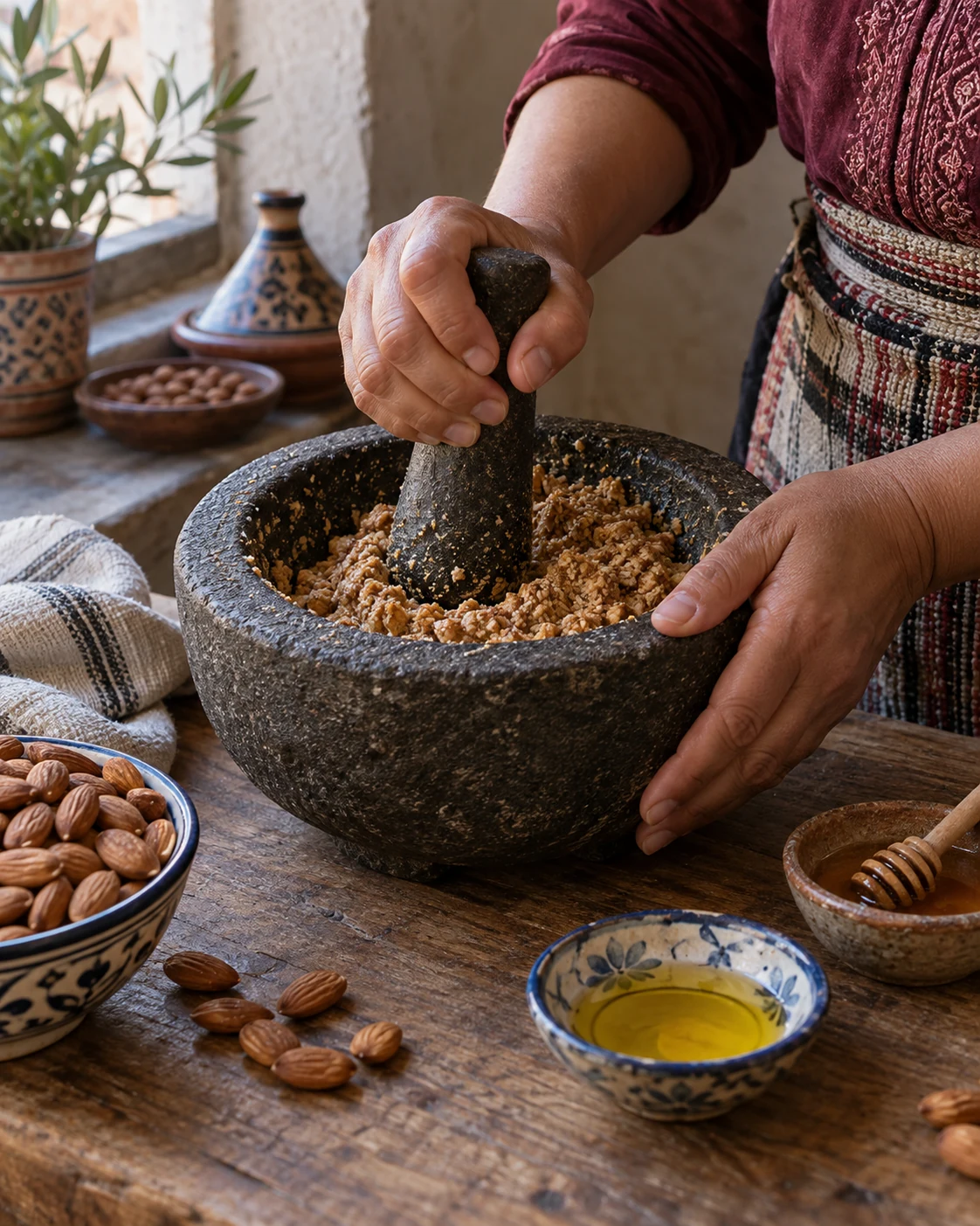 Hands grinding toasted almonds for amlou