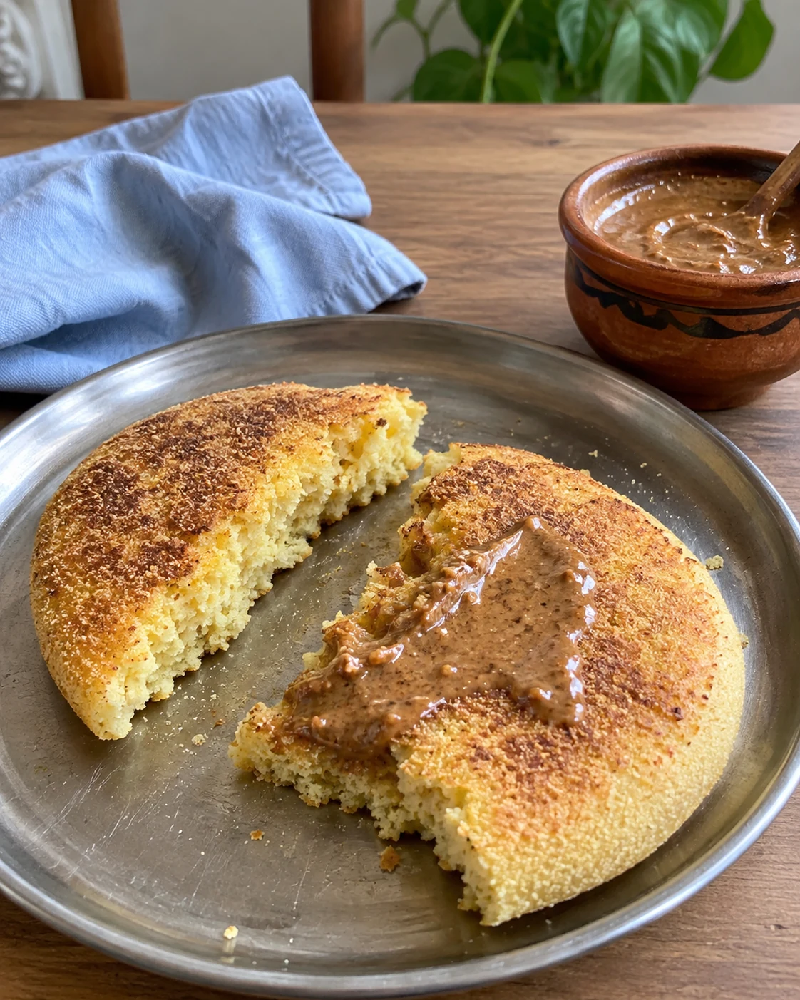 Crumbly semolina harcha served with amlou