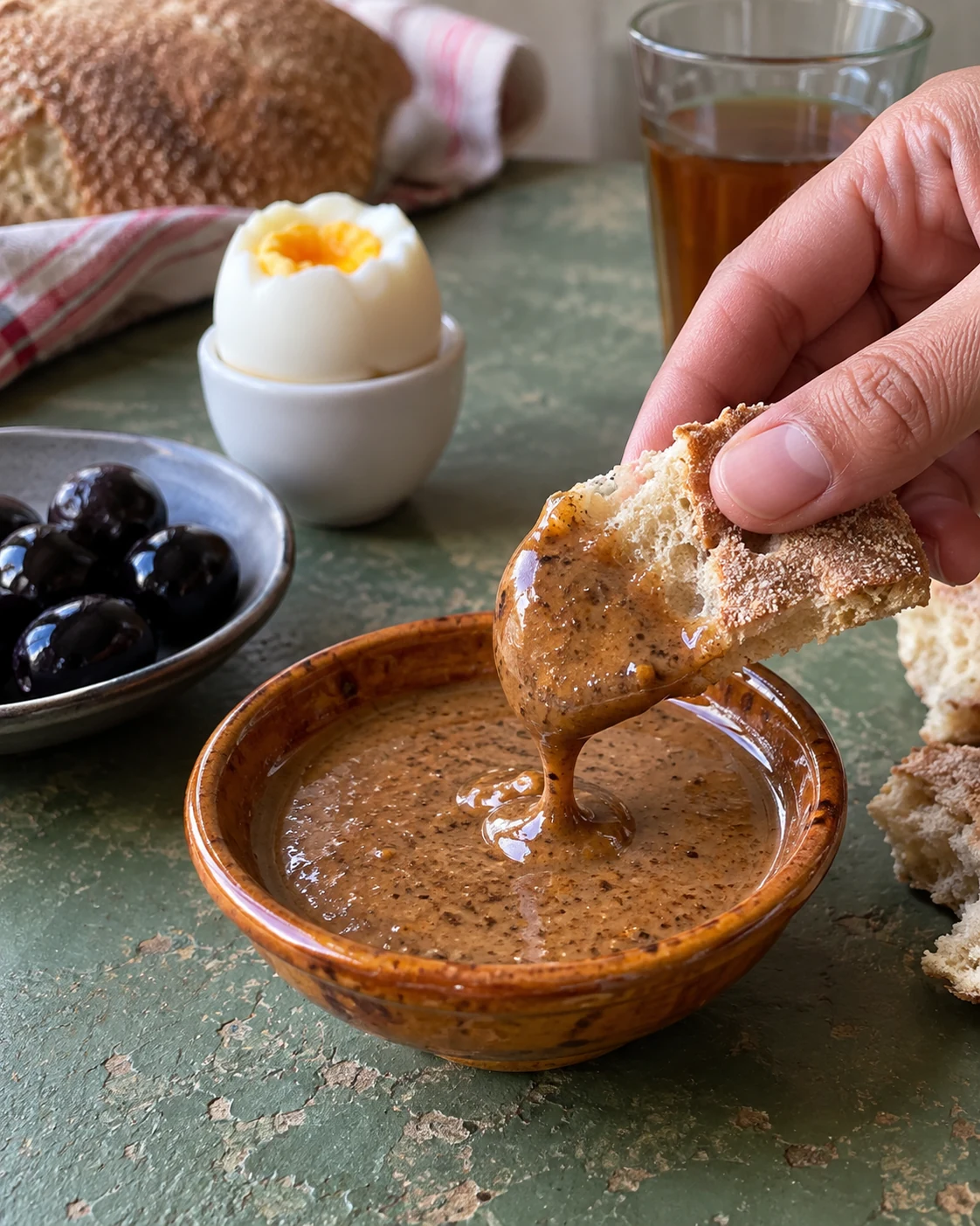 Bread dipped into amlou at an everyday breakfast