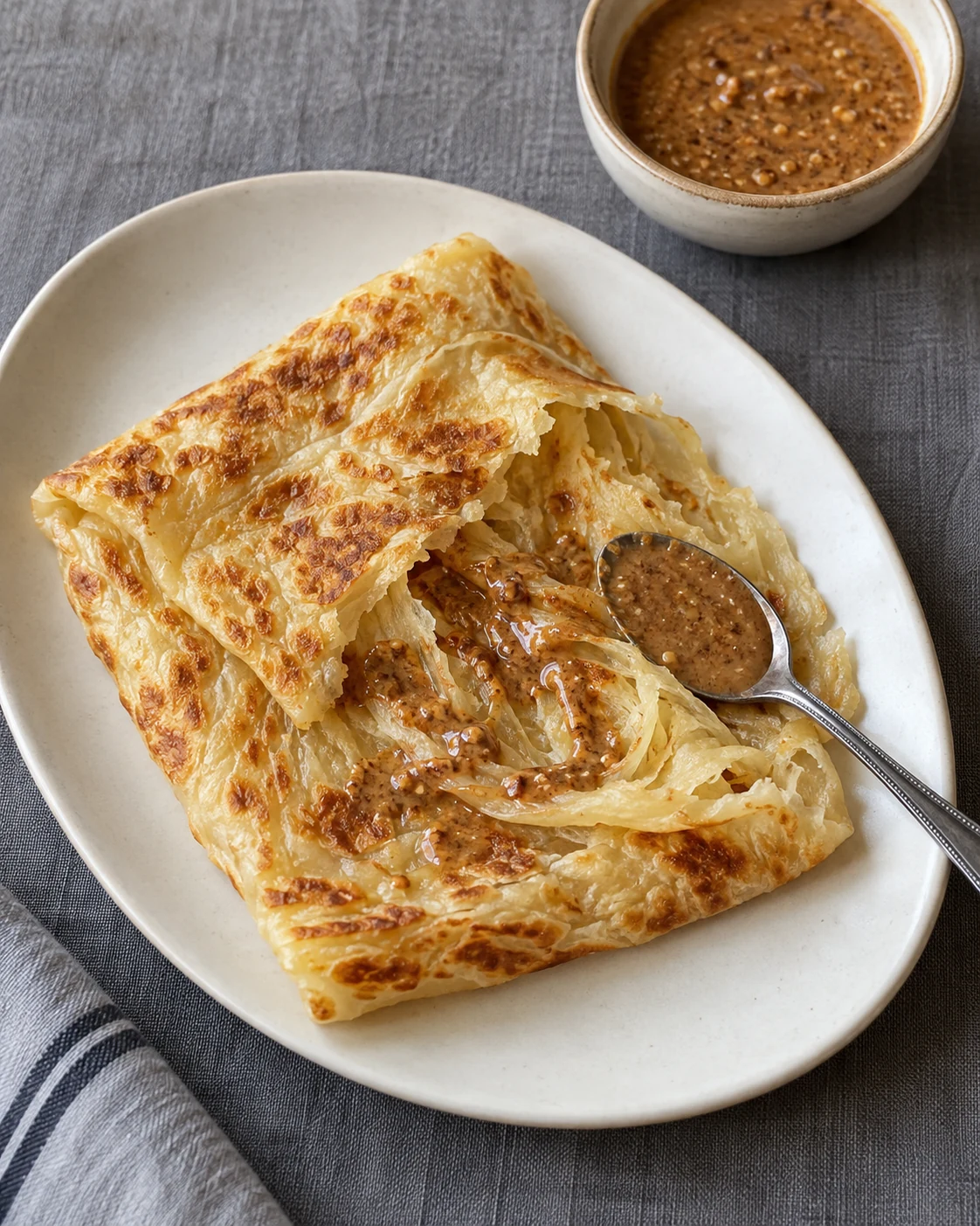 Layered msemen with a bowl of amlou