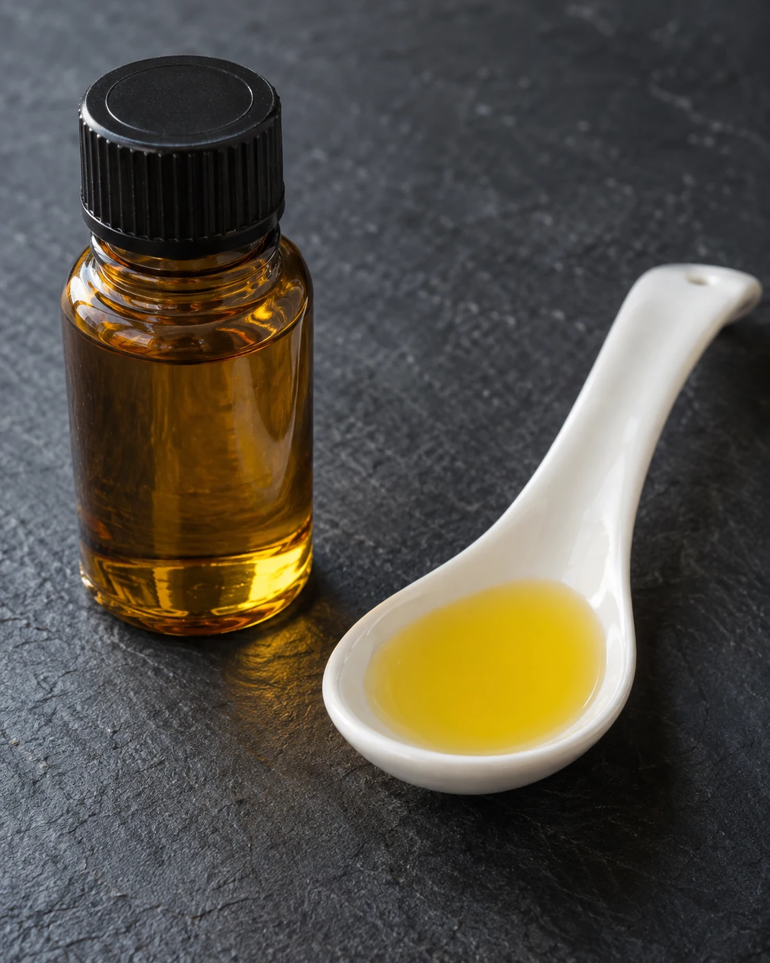 Culinary argan oil in a bottle and tasting spoon