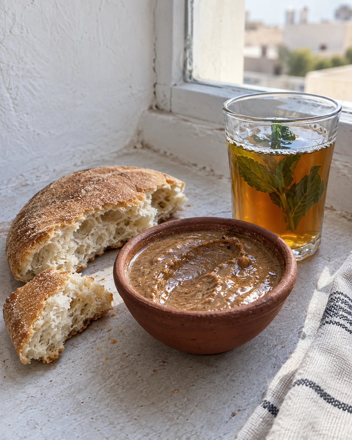 Amlou, khobz and a glass of mint tea