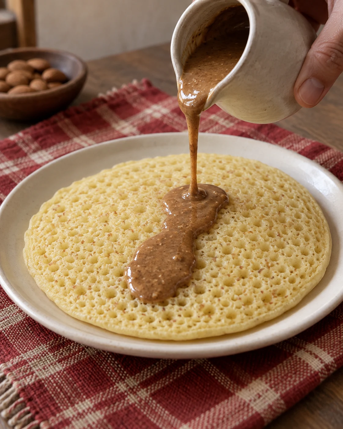 Amlou being poured onto baghrir