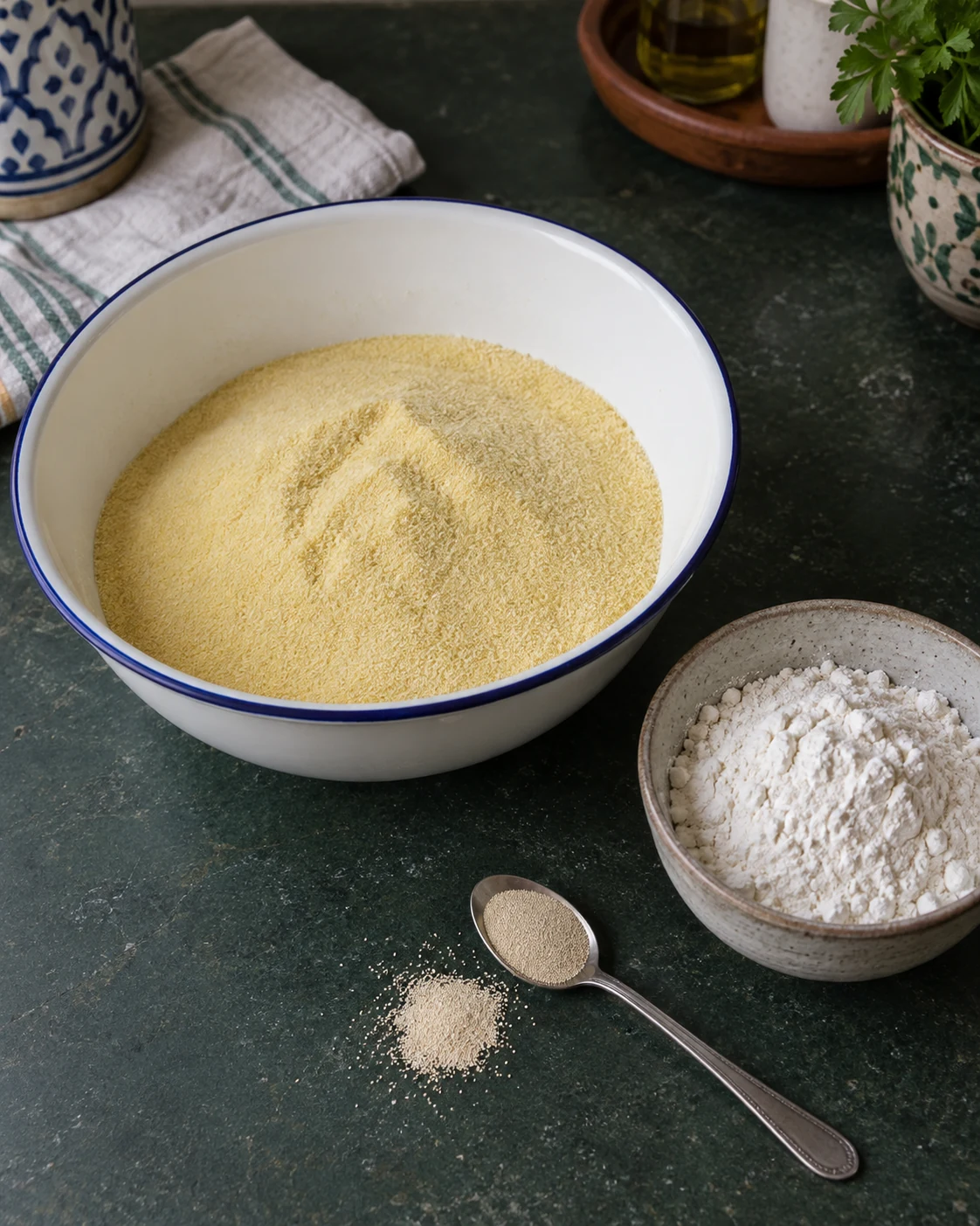 Fine semolina, wheat flour and yeast
