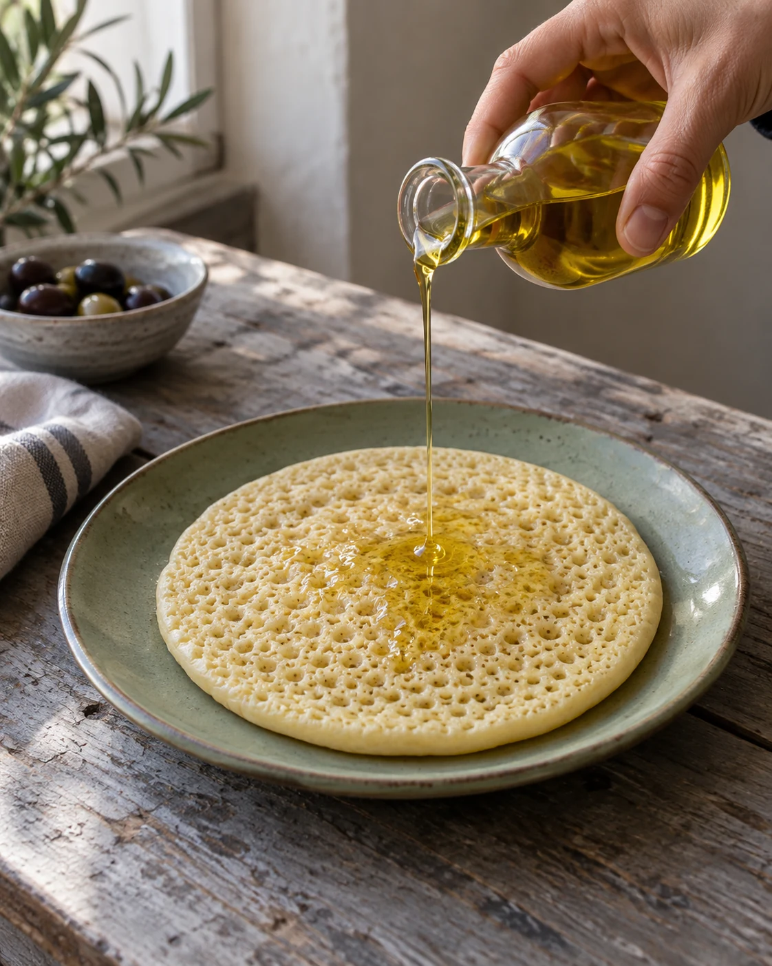 Olive oil drizzled over porous baghrir