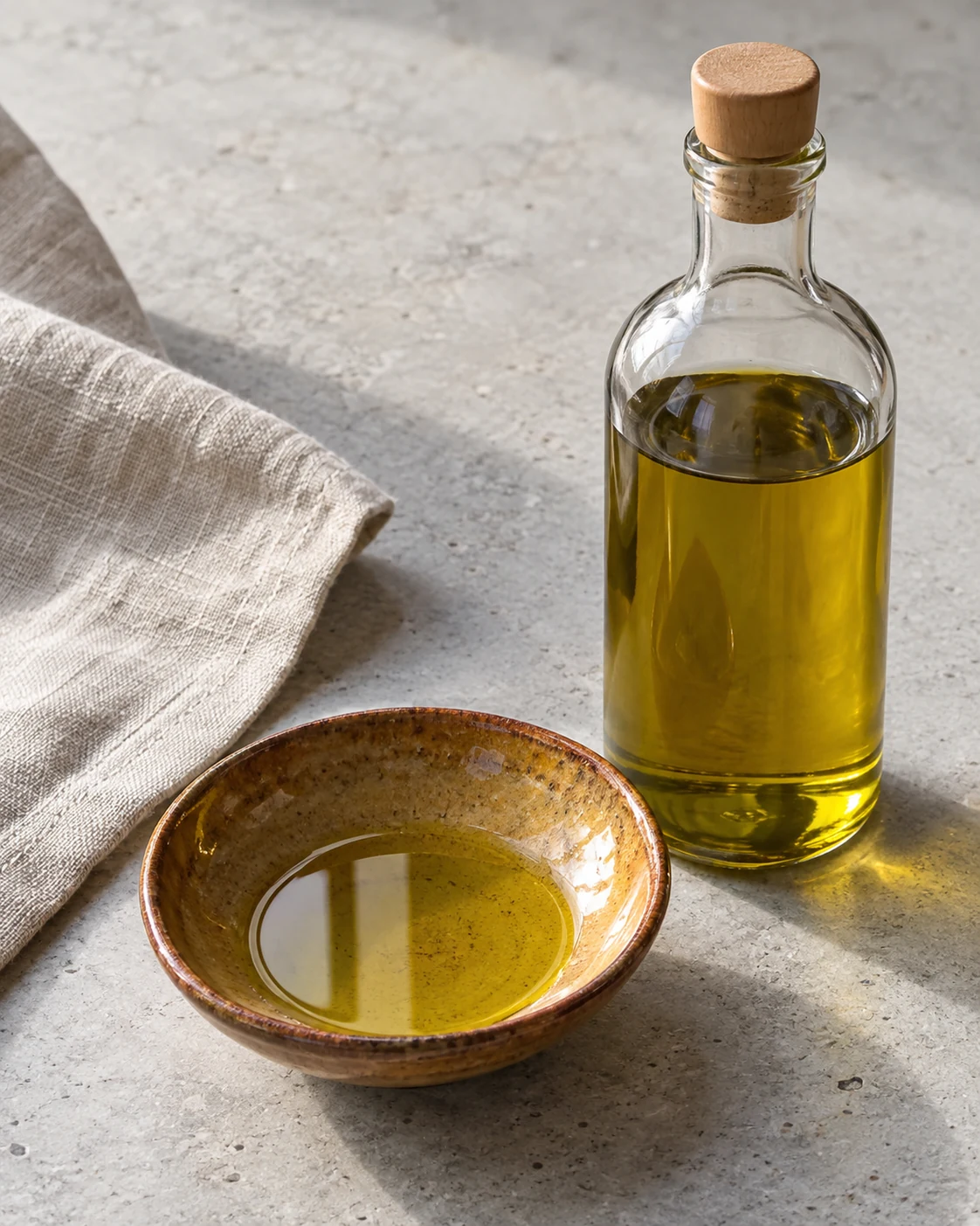 Olive oil in a shallow amber bowl