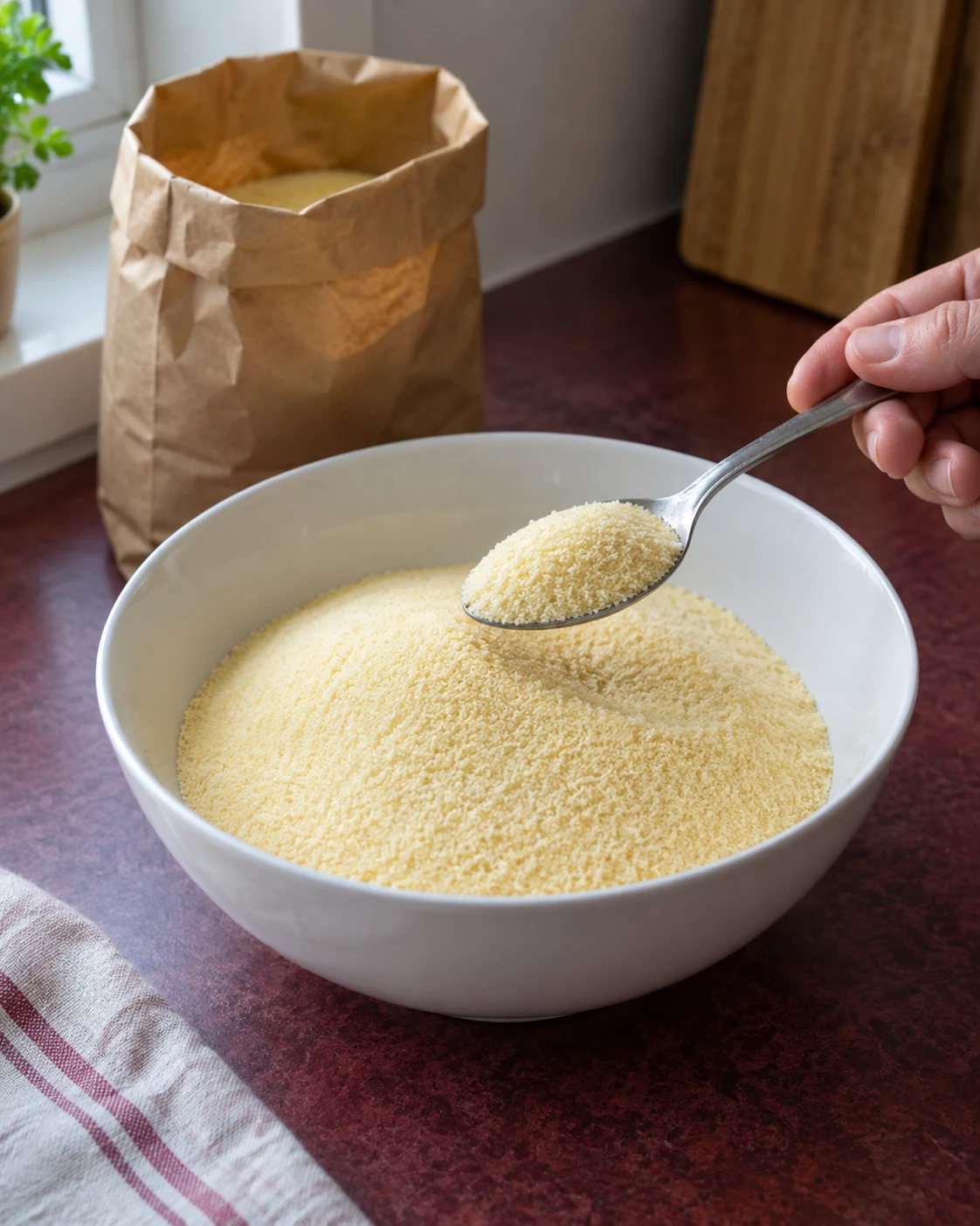 Fine durum semolina in a plain bowl