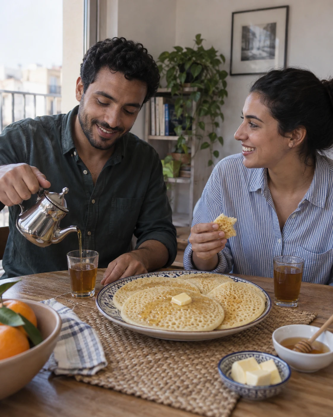 Two adults sharing baghrir at breakfast