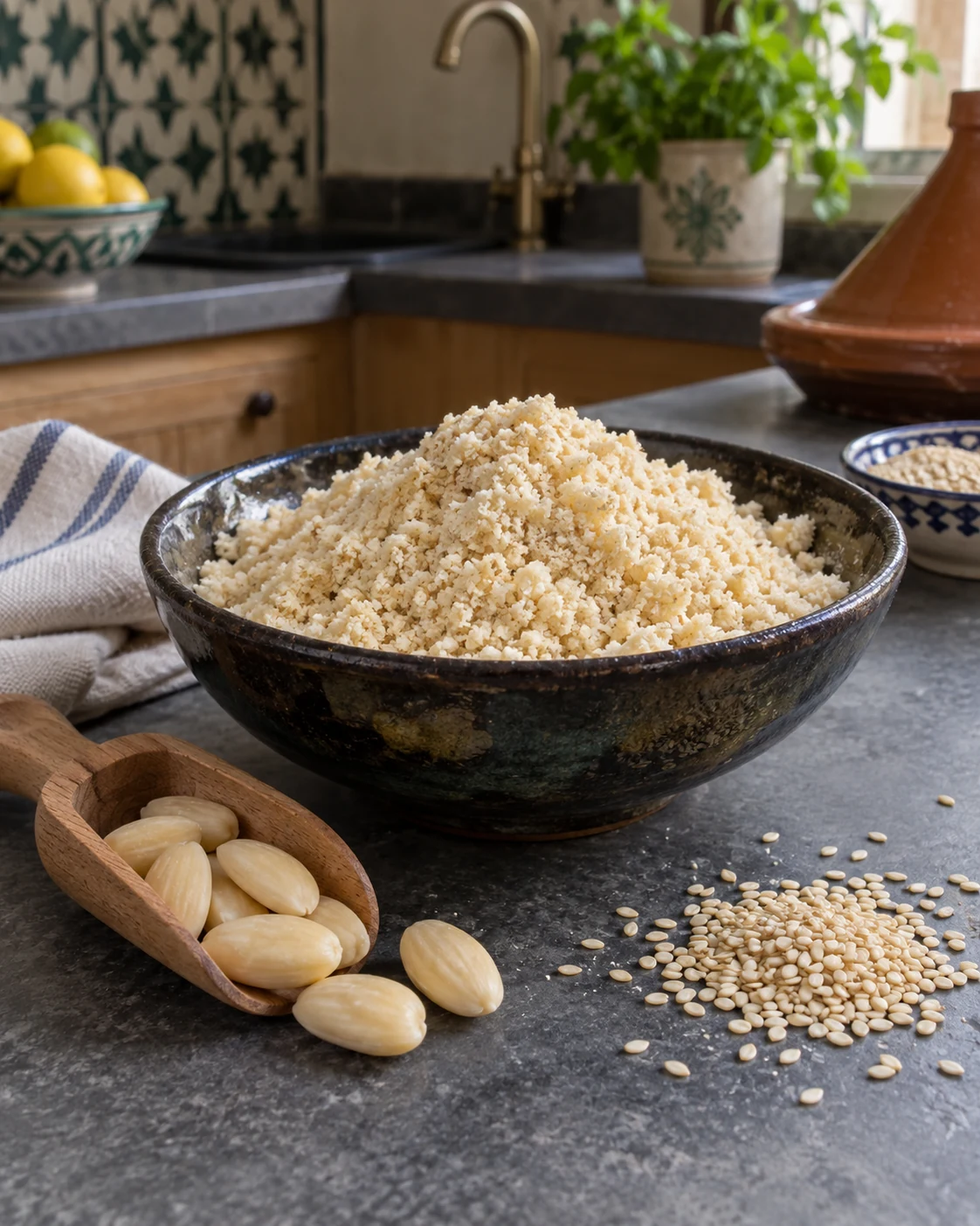 Ground blanched almonds and sesame for a sweet filling