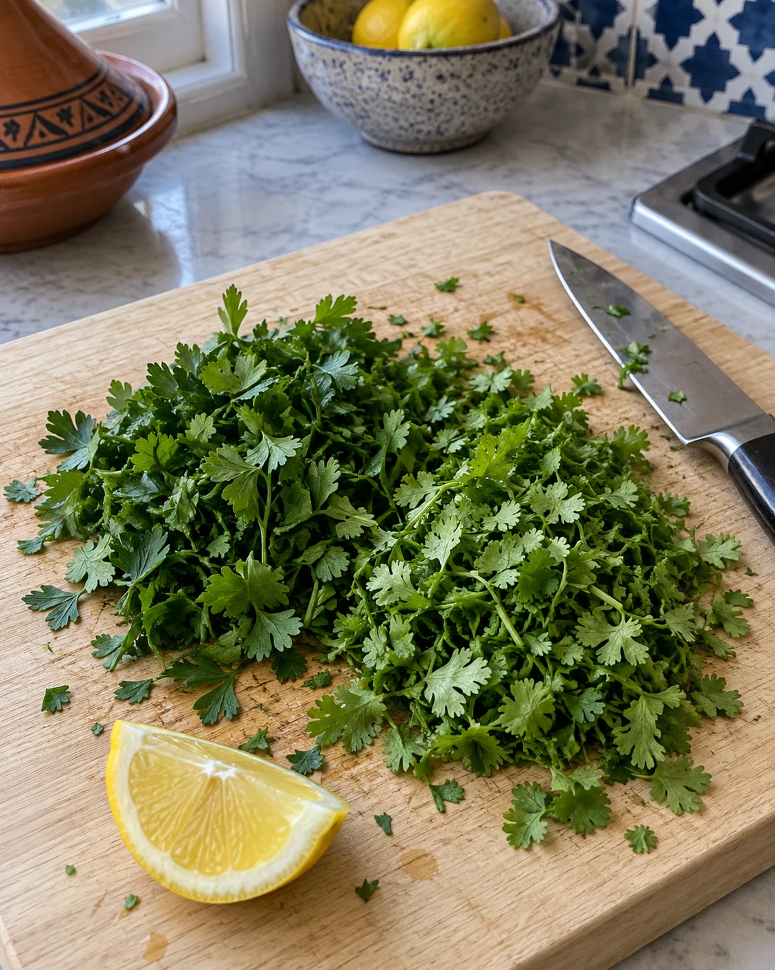 Chopped parsley, coriander and a lemon wedge