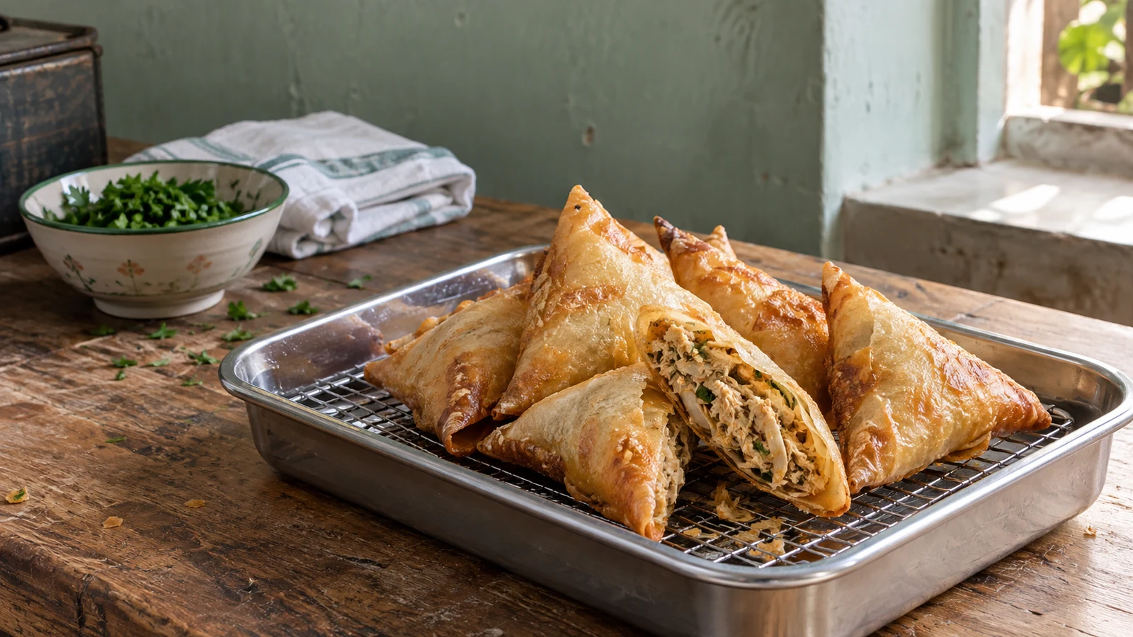 Crisp savoury briouats on a bakery workbench