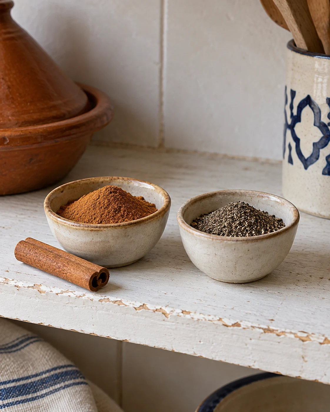 Cinnamon and pepper in small condiment bowls