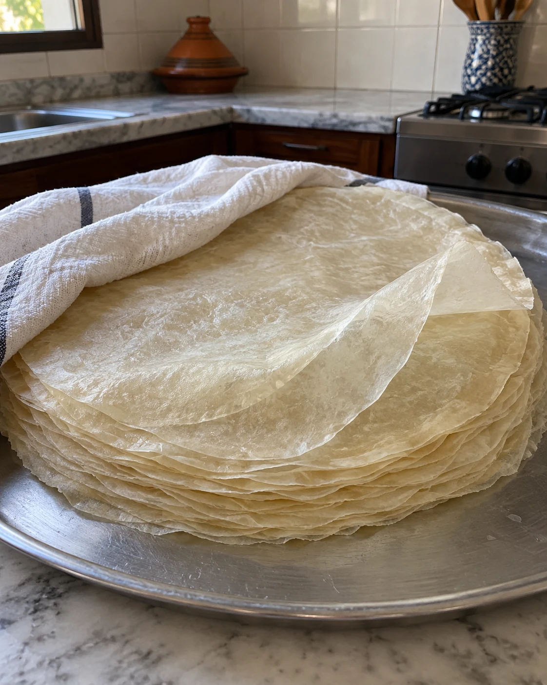Thin round warqa pastry sheets under a cloth