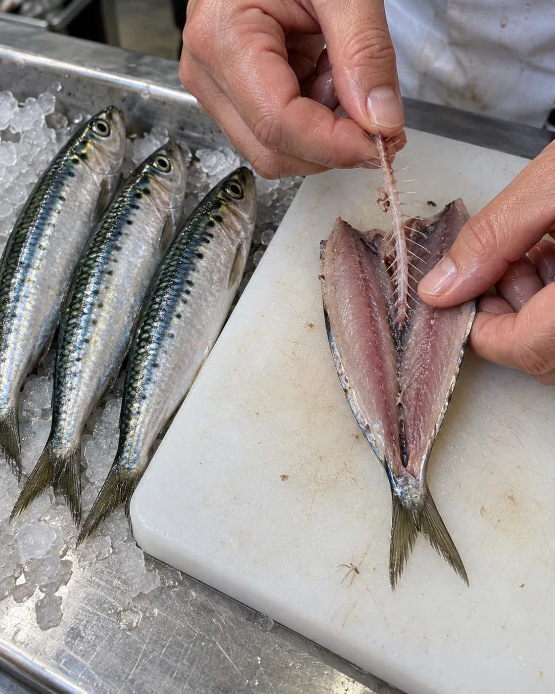 Removing the backbone from a small butterflied sardine