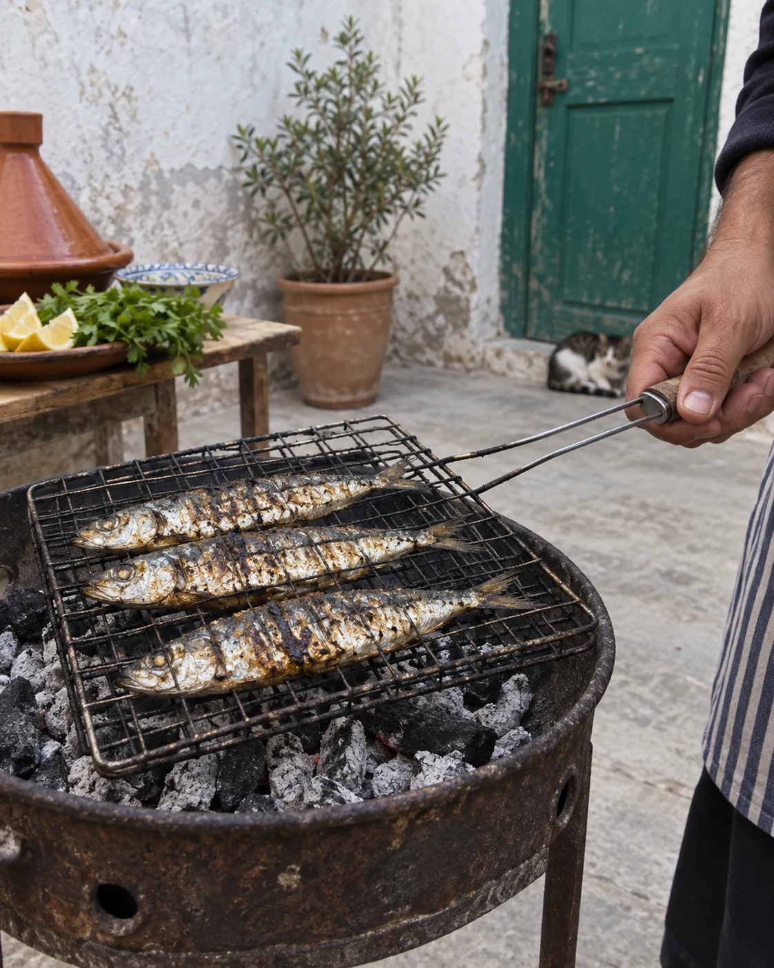 Small sardines cooking in a wire grill basket