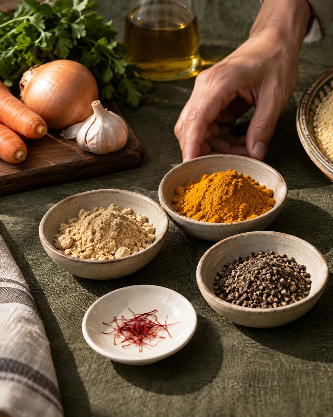 Ginger, turmeric, pepper and saffron beside cooking ingredients