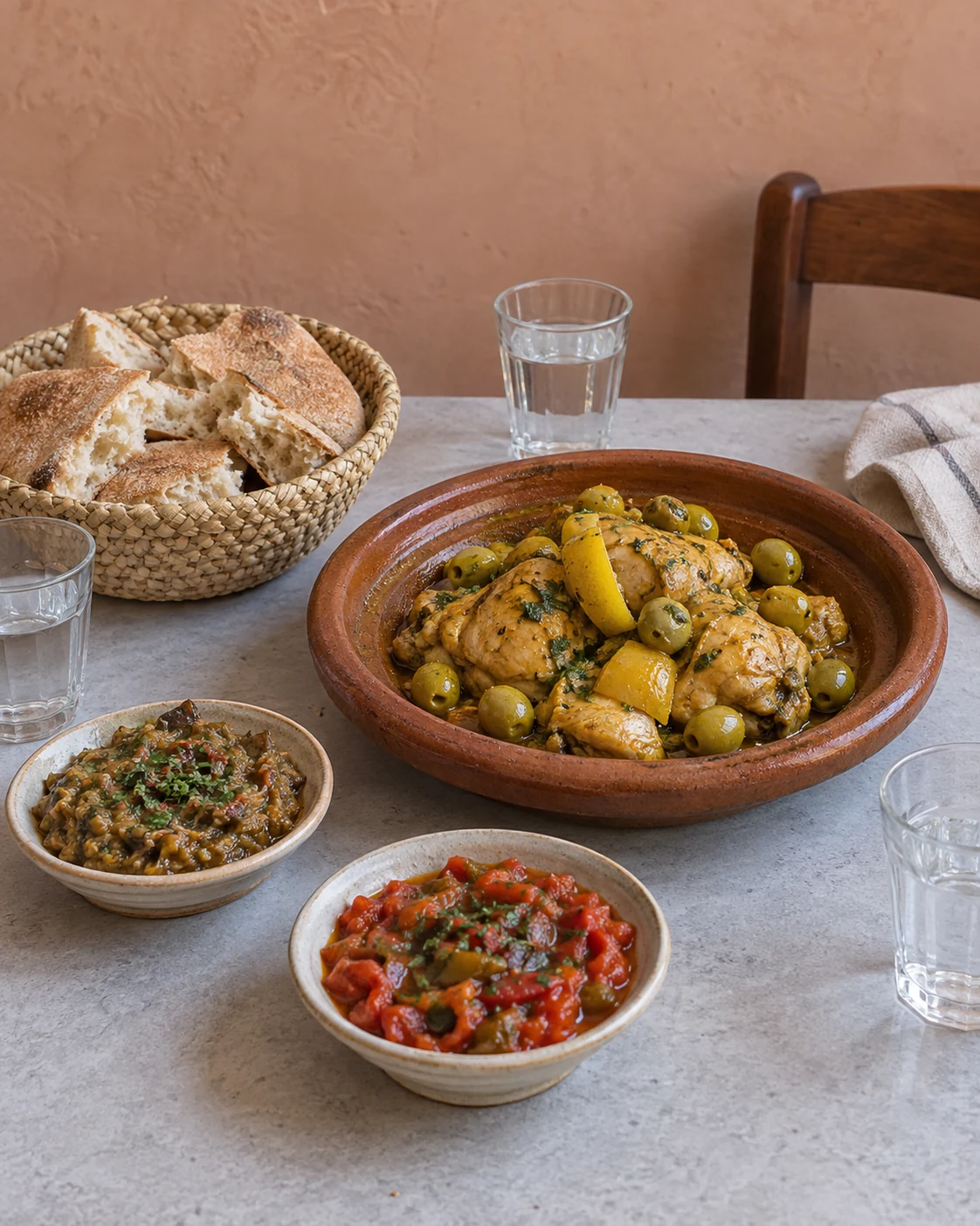 Chicken with preserved lemon, bread and cooked vegetable salads at a household lunch