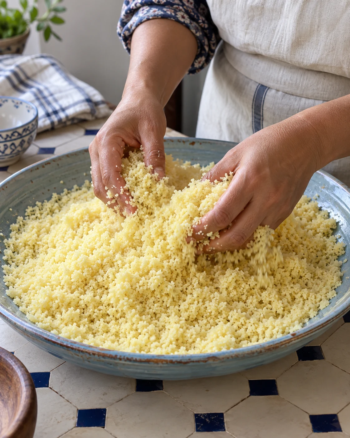 Hands loosening steamed couscous grains