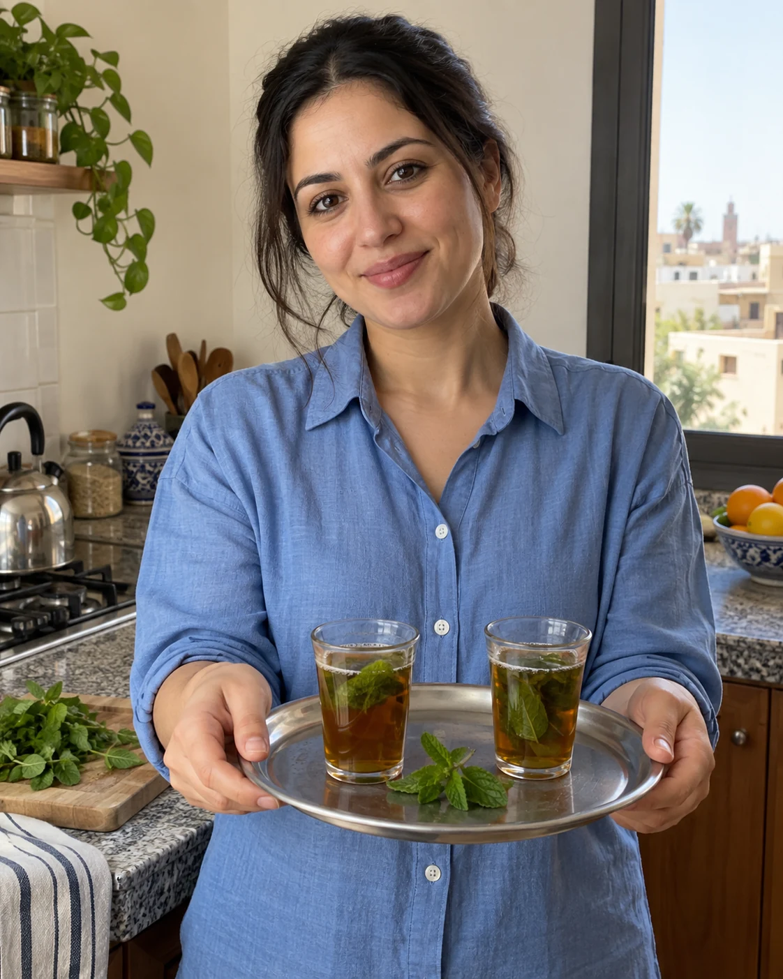 Mint tea offered in an everyday home kitchen