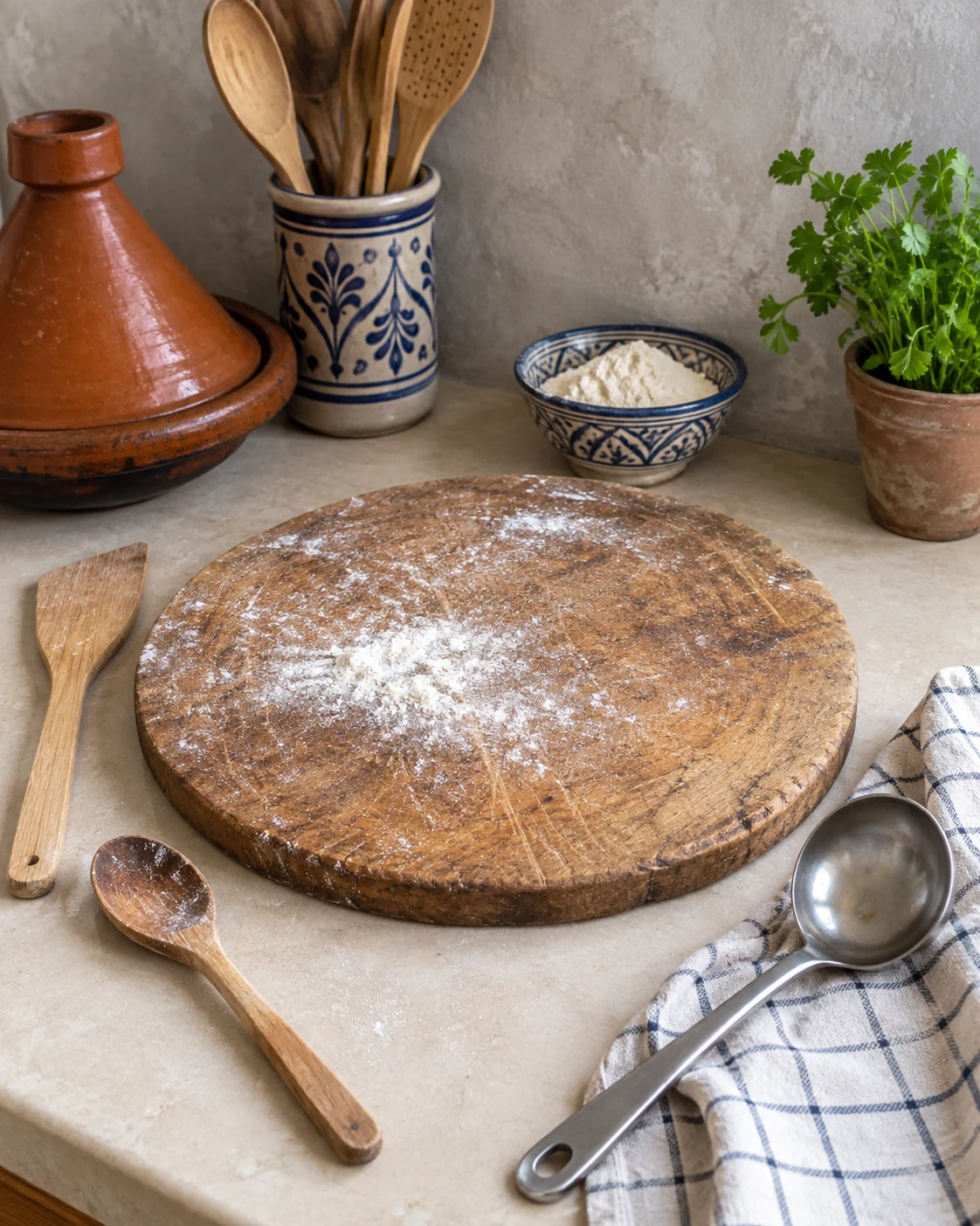 Everyday wooden utensils and a metal ladle