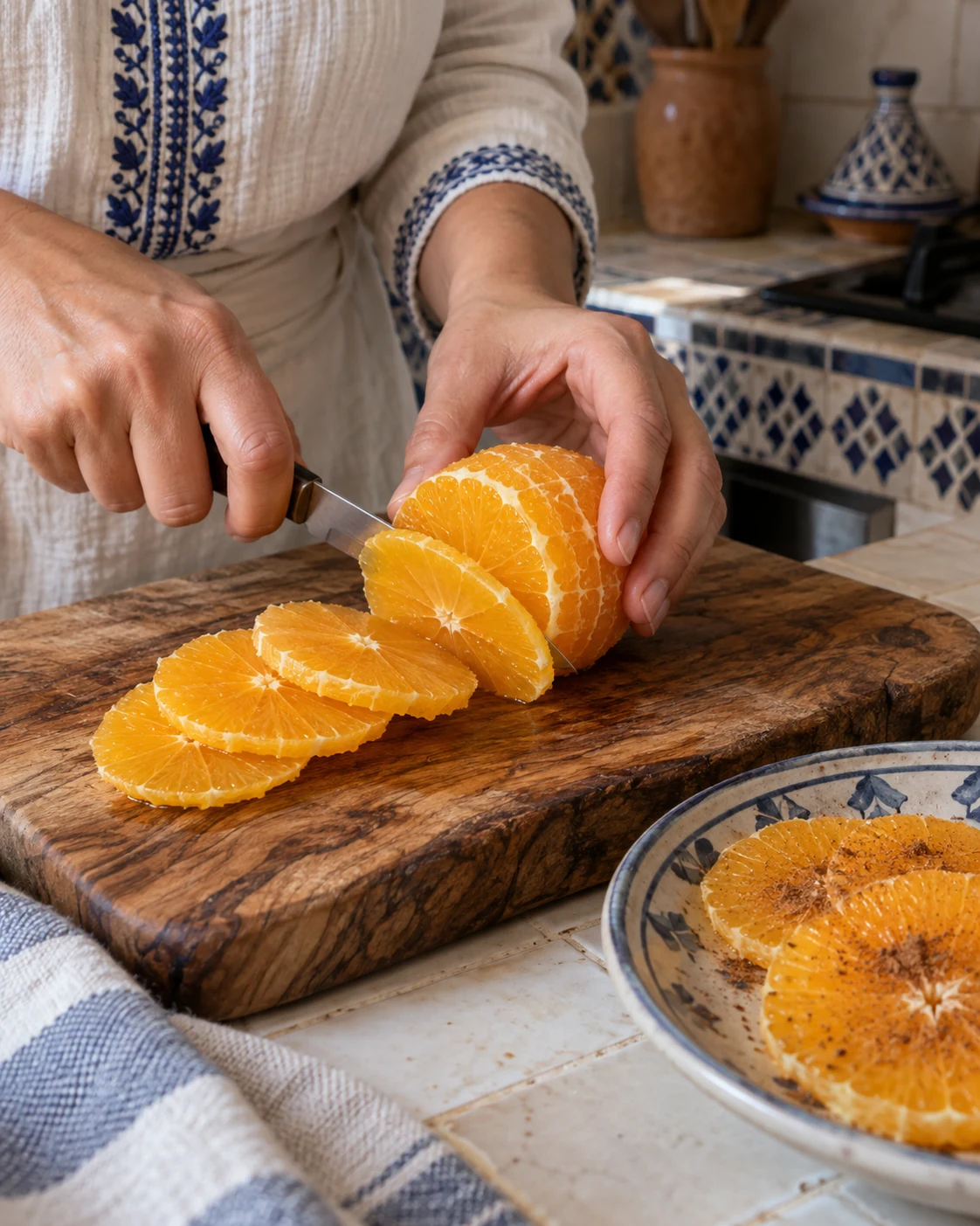 Hands slicing a peeled orange into rounds