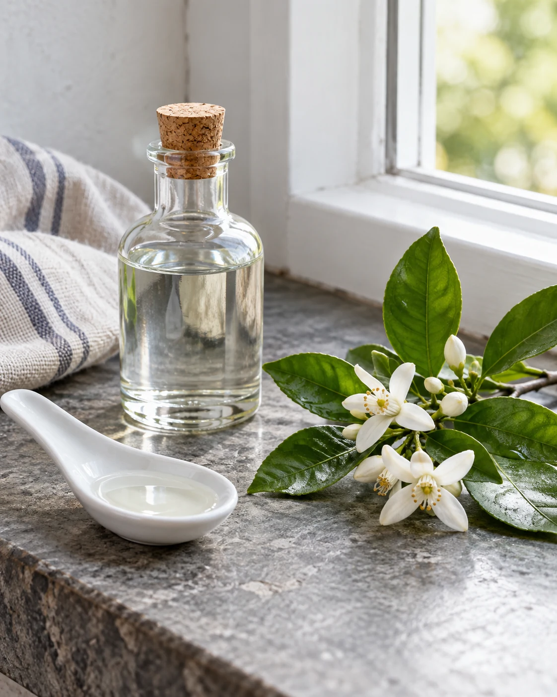 Orange blossom water beside citrus flowers