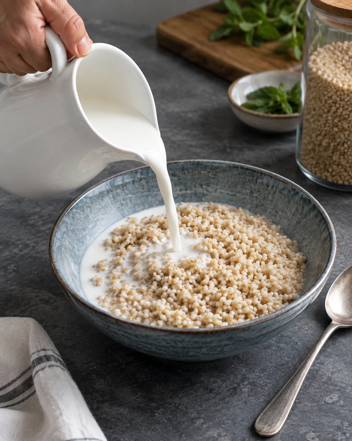 Cold lben poured over barley couscous